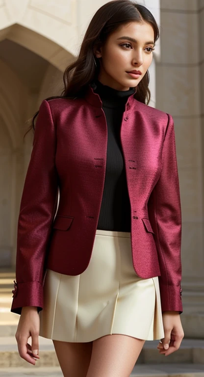 Creating an eye-catching ensemble of women's formal jacket with skirt brimming with haute couture finesse, each garment perfectly crafted in rich shiny light color. Emphasizing meticulous craftsmanship, the collection showcases Perla on which is visibly open and intricately detailing the decoration . Precisely tailored, these dresses hug the wearer's silhouette, sculpting refined contours. Generous lengths without side slits contribute to an irresistible allure, elevating sophistication to unparalleled heights. This curated collection aspires to enchant, leaving a lasting imprint of timeless elegance on the discerning eye of the audience --ar 37:49 --style raw --stylize 450