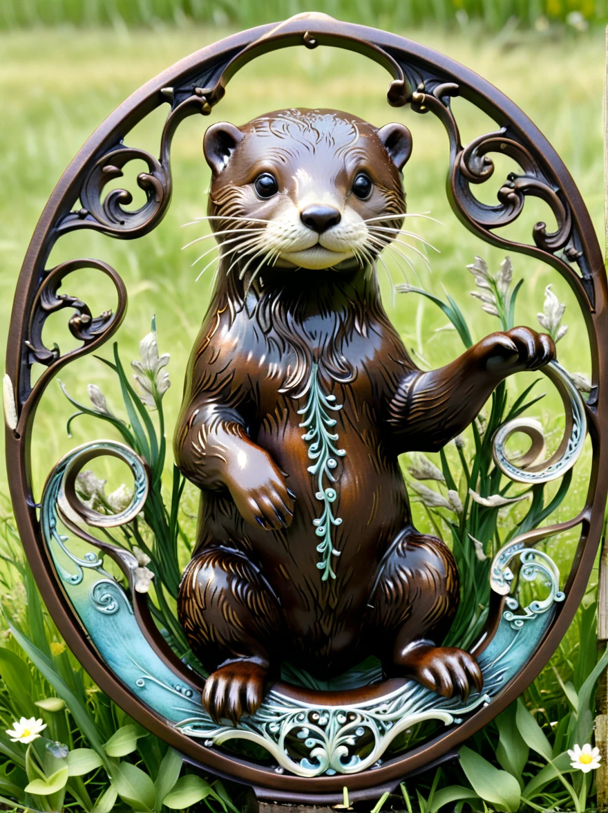 Cast iron otter with filigree and wavy metal swirls, Full transparency, Sunny meadow background,