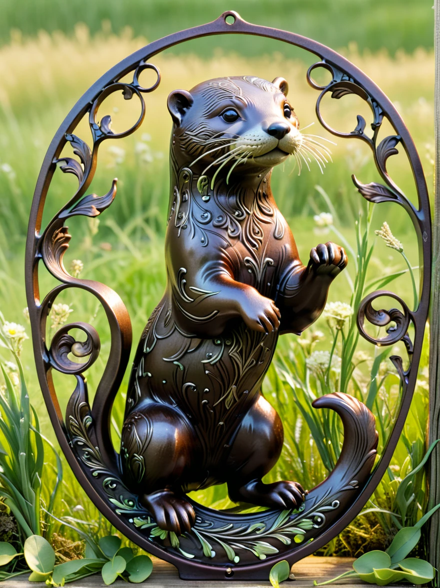 Cast iron otter with filigree and wavy metal swirls, Full transparency, Sunny meadow background,