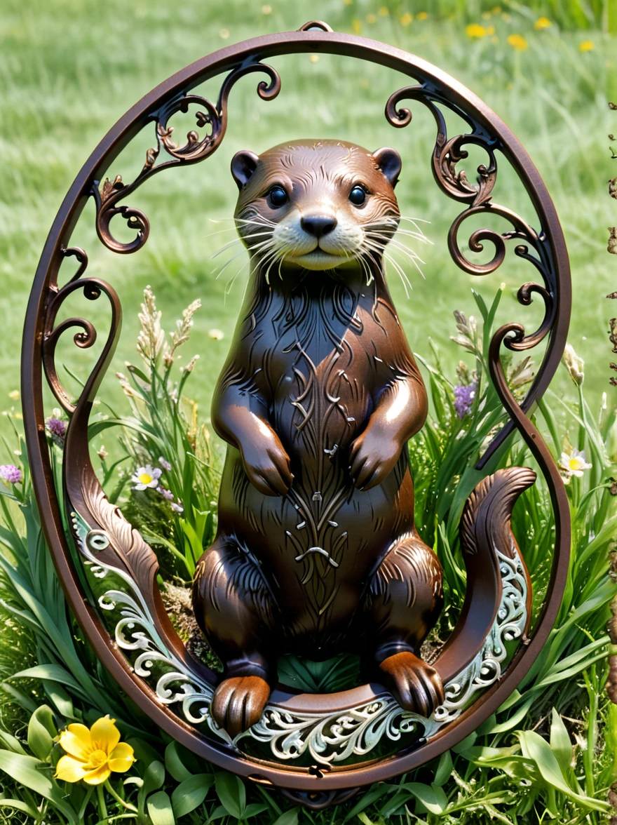 Cast iron otter with filigree and wavy metal swirls, Full transparency, Sunny meadow background,