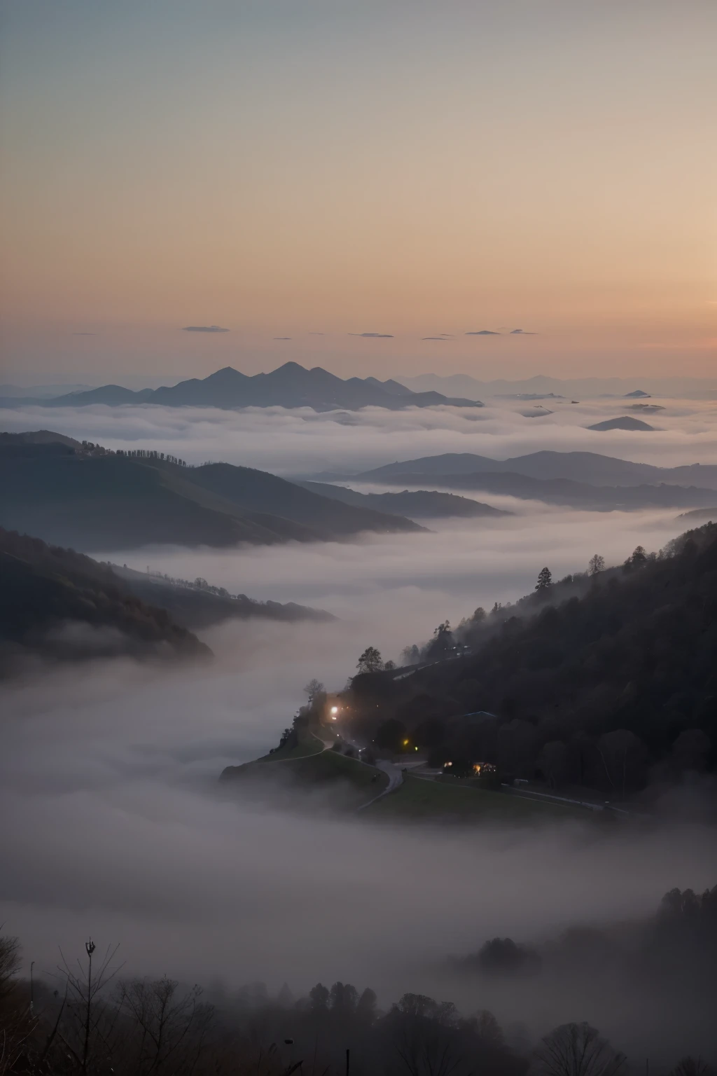 (best quality, masterpiece:1.2), detailed, Landscape, dawn, mountain, small village in the distance, fog, mysterious, vivid colors, soft lighting, serene atmosphere, tranquil mood, hazy silhouette, gentle brushstrokes