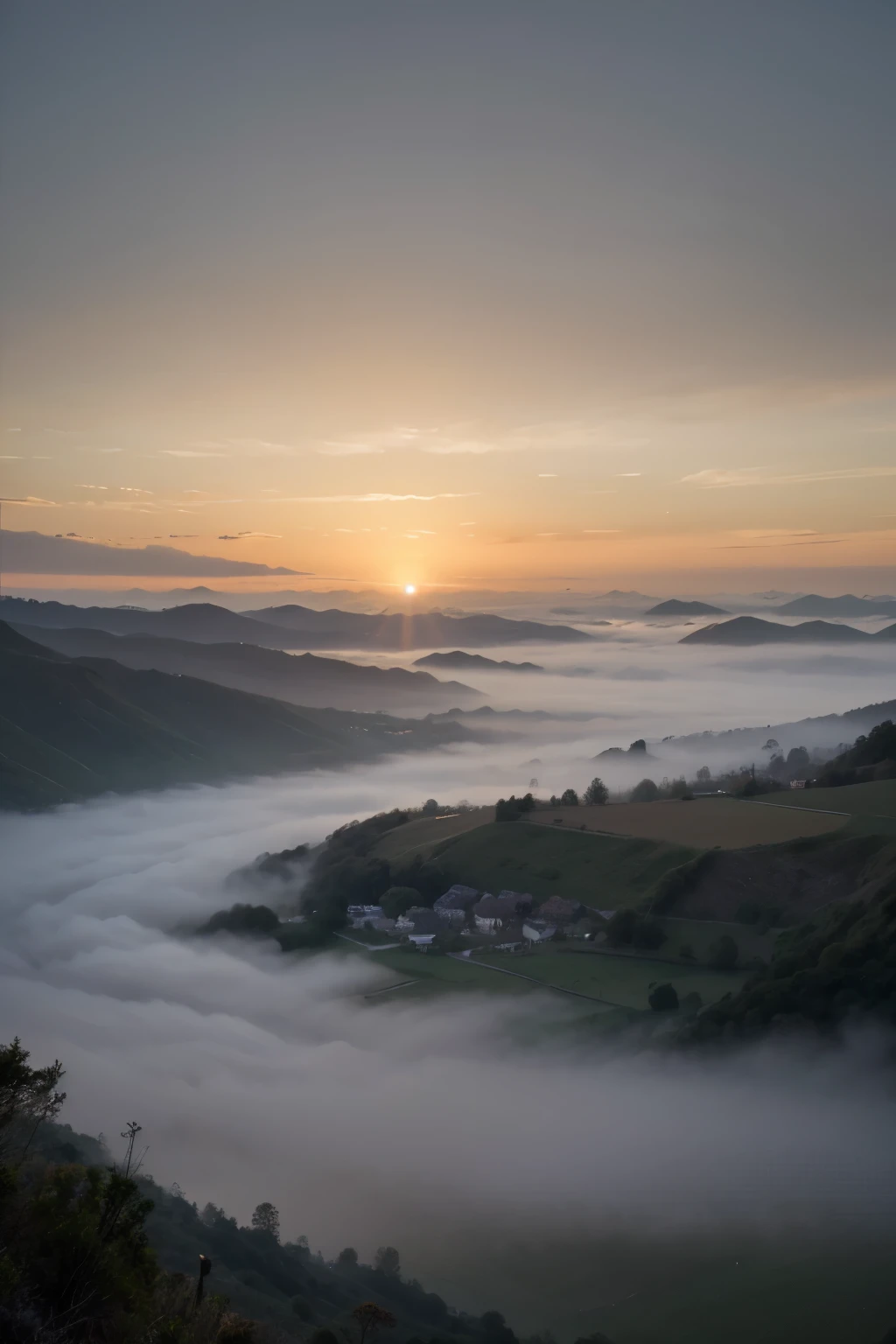 (best quality, masterpiece:1.2), detailed, Landscape, dawn, mountain, small village in the distance, fog, mysterious, vivid colors, soft lighting, serene atmosphere, tranquil mood, hazy silhouette, gentle brushstrokes