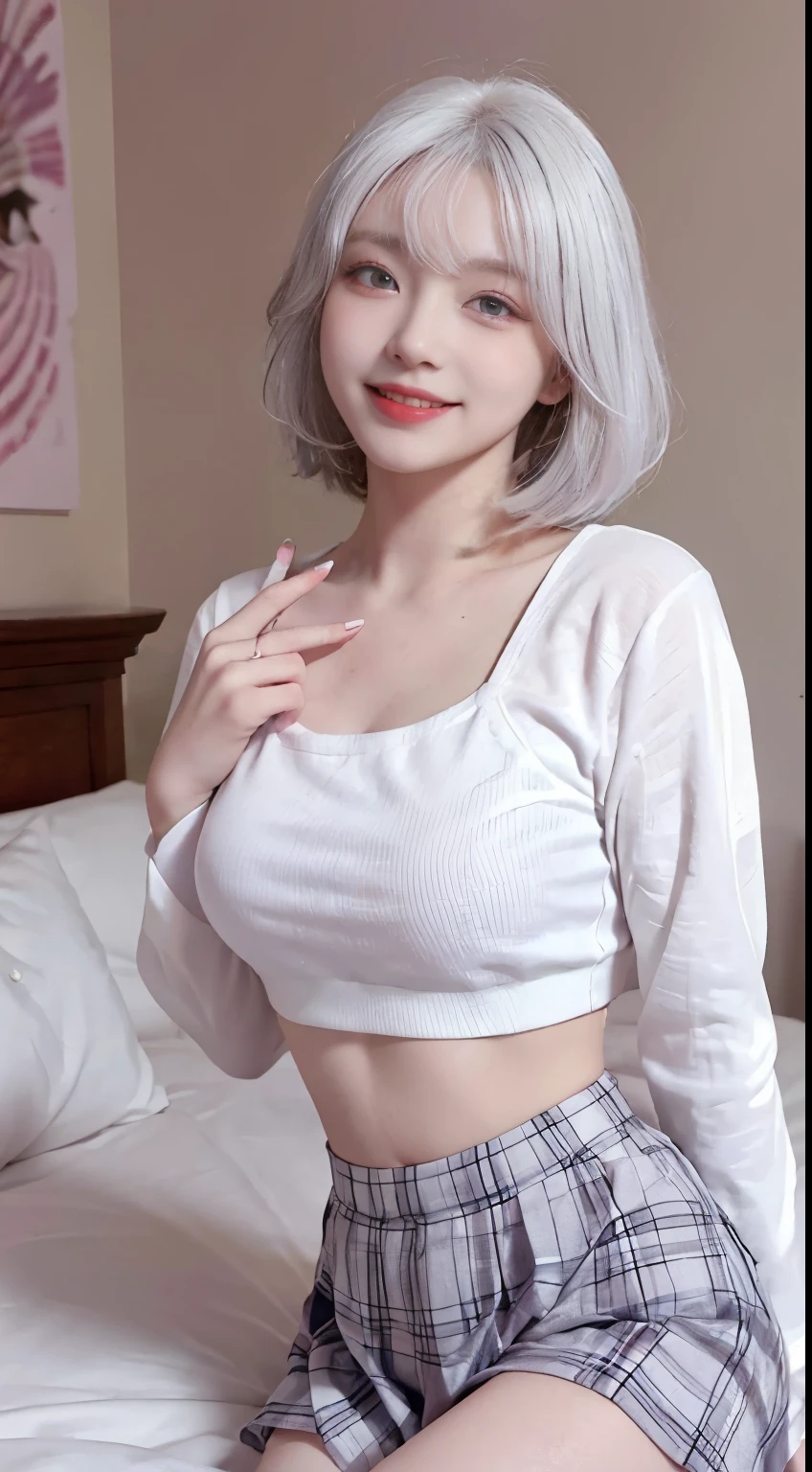 Best image quality、RAW Photos、超A high resolution、21 years old Korean、Small breasts、Dynamic Angle、Cowboy Shot、Chaos in its most beautiful form、elegant、Brutalist Design、Vibrant colors、Beautiful white hair、Short Bob、smile、fun、smile、Glowing White Skin、Beautiful eyes with random colors、Very thin lips、Beautiful eyes in every detail、length, Narrow eyes、Cheeks are pale pink、length eyelashes、Beautiful double eyelids、eye shadow、Bright white hair、Crop top、See-through outerwear、Vibrant colors、Checkered pleated skirt、bed、Shooting from the side、Pointing up、Hand gestures
