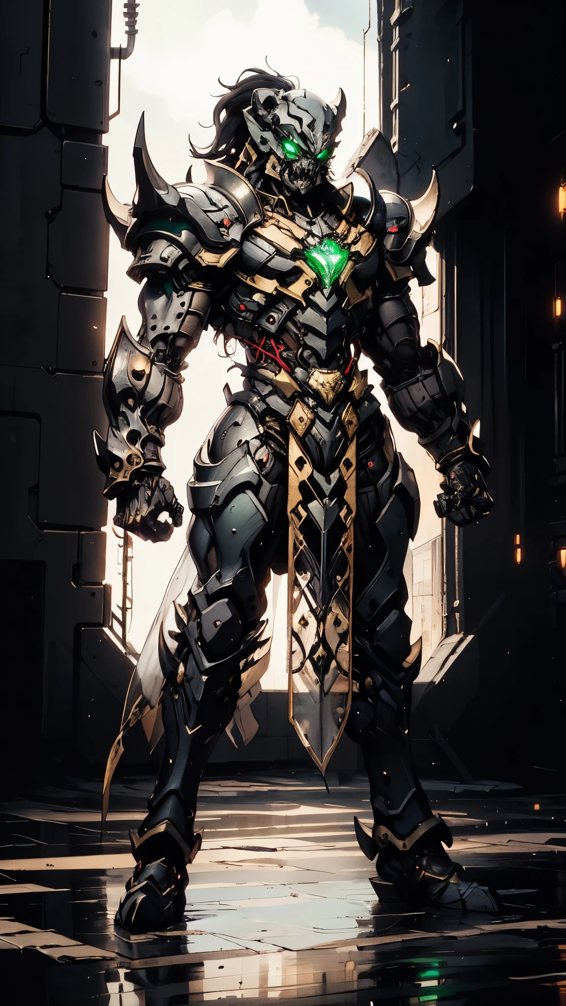 A man wearing a full-face helmet, a fantasy-style biotech armored combat suit, green eyes, (a composite layered chest armor), fully enclosed shoulder guards, matching arm and leg guards, the belt is adorned with fangs biting into gem, (the color scheme is primarily black with red accents), the design balances heavy with agility, a high-tech bio-mecha armor, (Armor Concept Inspired by Lion, stand on the top of a skyscraper in a futuristic sci-fi city), this character embodies a finely crafted fantasy-surreal style armored hero in anime style, exquisite and mature manga art style, (element, plasma, energy, the armor glows), ((male:1.5)), metallic, real texture material, dramatic, high definition, best quality, highres, ultra-detailed, ultra-fine painting, extremely delicate, professional, perfect body proportions, golden ratio, anatomically correct, symmetrical face, extremely detailed eyes and face, high quality eyes, creativity, RAW photo, UHD, 32k, Natural light, cinematic lighting, masterpiece-anatomy-perfect, masterpiece:1.5