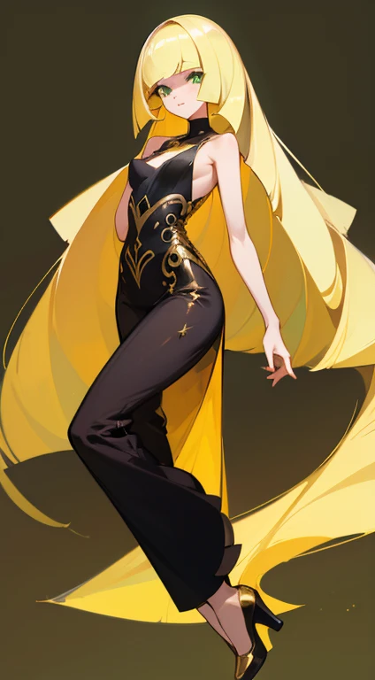 ((highest quality)), ((masterpiece)), (Familiar), Lusamine,thin,thin,Long blonde hair,Small breasts,Erect nipples,Adult female,Green Eyes,Slanted Eyes,Sleeveless dress,Black Dress,Gold embroidery,Pants Style,High heels,Fascinating
