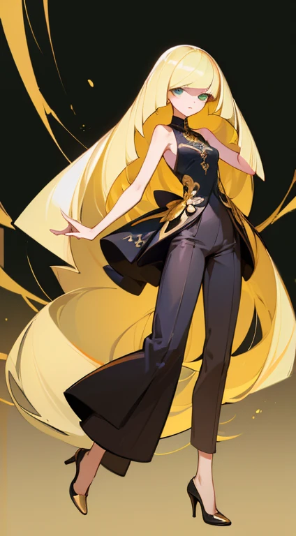 ((highest quality)), ((masterpiece)), (Familiar), Lusamine,thin,thin,Long blonde hair,Small breasts,Erect nipples,Adult female,Green Eyes,Slanted Eyes,Sleeveless dress,Black Dress,Gold embroidery,Pants Style,High heels,Fascinating
