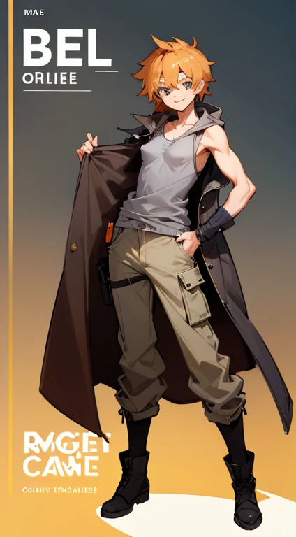 ((highest quality)), ((masterpiece)), (be familiar with),Clementine,Overload,{{nsfw}},Sleeveless hoodie,Grey Shirt,cargo pants,Bewitching Smile,whole body,boots,Long coat,Erect nipples

