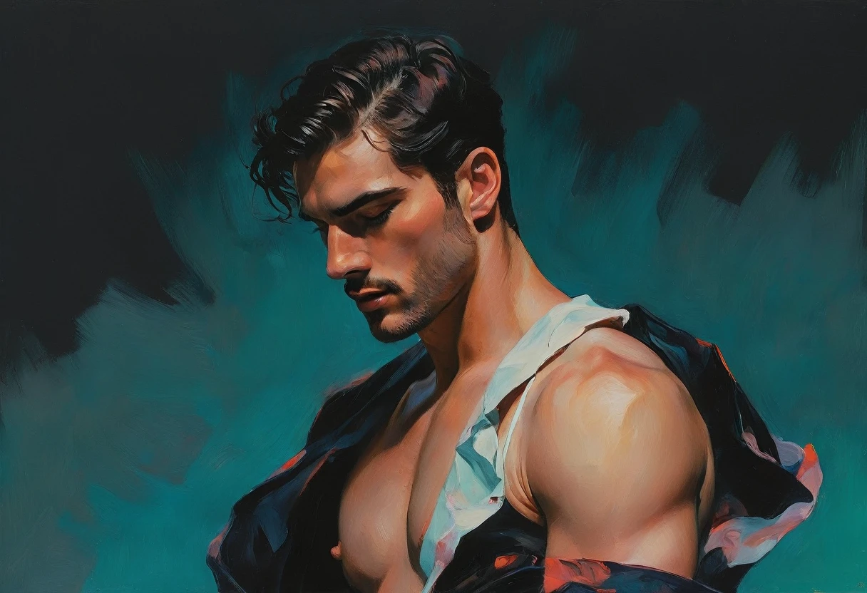 chiaroscuro technique on sensual illustration of an arafed man in white underwear, sexy masculine, diego fazio, male model, by Ludovit Fulla, model with attractive body, inspired by Ludovit Fulla, mid-shot of a hunky, the model draped in flowing, thick oil painting by Harumi Hironaka, extremely soft colors, vibrant, highly detailed, malcolm liepke painting, oil on canvas, high contrast, dramatic, refined, tonal, Create high contrast between light and shadow fire around