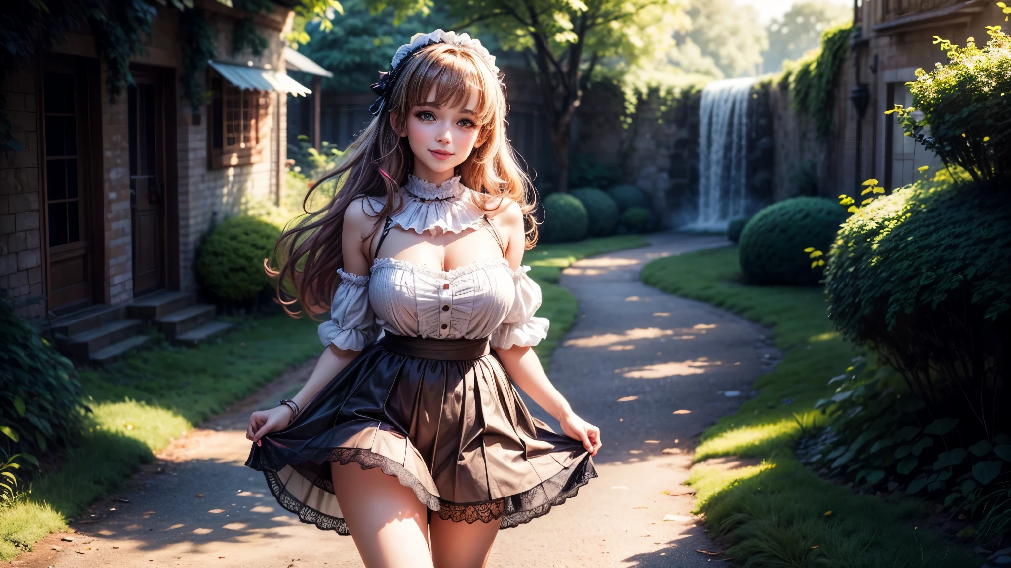 Beautiful woman, 8k, standing, lolita, big brests, Joyful colors of clothes, in nature, looks at you, smiles mysteriously, her eyes look straight at you, (neckline:1.3), skirt above the knees, slender healthy legs, light airy skirt with lace, very young, deep neckline, looking straight at you,