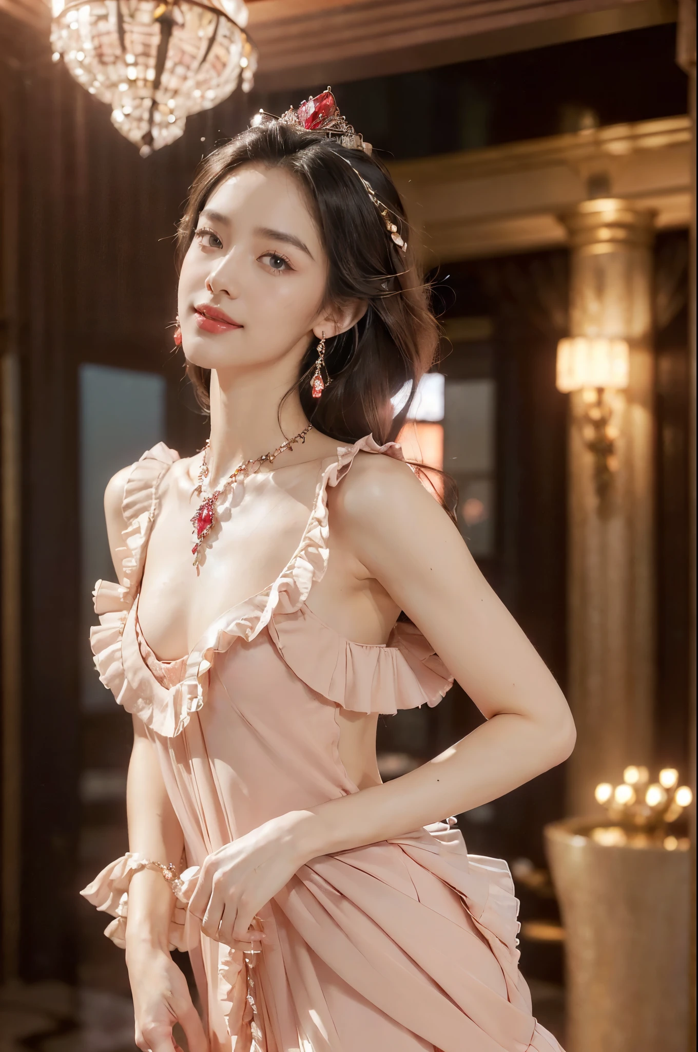 (Extremely meticulous CG),(((8k))),wallpaper,(Portrait above the chest:1.3),((Extremely refined and beautiful)),(((Masterpiece))),(((best qualtiy))),(((Ultra High Resolution))),beautiful light up,realistic shaded,(Smooth and flawless fair skin:1.5),(Extremely exquisite facial details:1.2),(ultra-detailed:1.5),((a beautiful girl,solo)),(shoulder length straight bob hair:1.3),(small head:1.2),(princess crown:1.2),(slender face:1.2),(Exquisite makeup:1.3),(smiling:1.2),(laughing:1.2),(blush:1.5),(perfect body:1.2),(shawl:1.3),(earrings:1.2),(crystal necklace:1.3),(Bracelet:1.2),(Gorgeous red Gothic ruffled dress:1.5),((slim,thin)),(bare back:1.3),(towering hips:1.3),(from back:1.3),(standing:1.3),(butt crack:1.3),(In a luxurious hotel lobby:1.5),(Extremely luxurious decoration:1.5),(warm neon lights:1.3),(indoor:1.2),(Cyberpunk style:1.3),(detailed background:1.5),(night scene:1.5),(upper body:1.3),