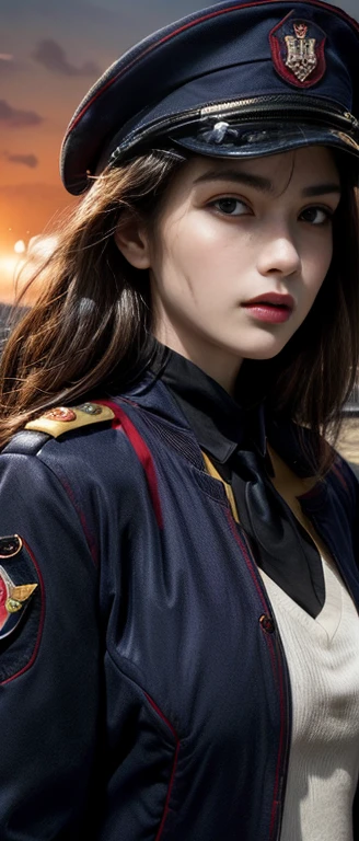 (UHD, Retina, masterpiece, precise, Anatomically correct, textured skin, Super Detail, High Detail, high quality, best quality, high resolution, 1080p, HD, 4K, 8k, 16K), (Beautiful and delicate eyes, Beautiful and delicate lips, Extremely detailed eyes and face), Studio Lighting, Physically Based Rendering, Vibrant colors, (Large Breasts, Glamorous characters), (Royal Red, Navy blue jacket, Military rank insignia:1.5), (Peaked hat:1.2), Business shirts, Gloves, (portrait, Shiny hair, glowing skin, blush, Hair blowing in the wind), (Composition standing in front of the lighthouse, Bokeh), Eye Reflection, Black Hair, (Serious expression),