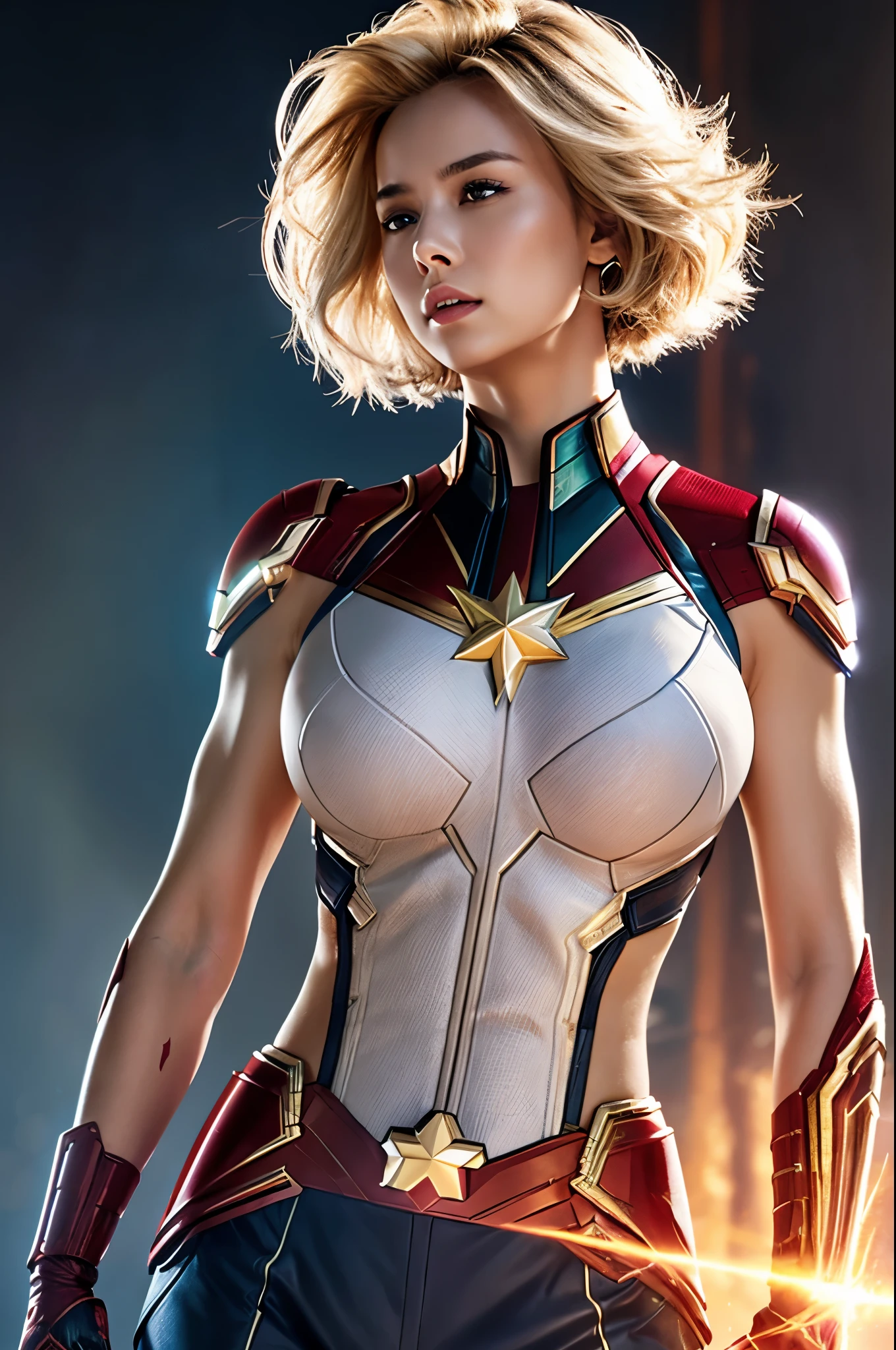 8K,blonde mohawk hair,Captain Marvel,Super Beauty(Realistic Skin),Captain Marvelのラバーコスチューム,Very large breasts,Muscular body,Perfect Anatomy,charm,Volume measurement,Body balance,Digital single-lens reflex camera, Soft lighting, Detailed Background, Written boundary depth, Volumetric lighting, Sharp focus, Absurd, Realistic proportions, Excellent anatomy, (Realistic, 超Realistic:1.4), 16K HDR, dawn,A High Resolution,super Realistic 肌,Super beautiful expression,Fantasy art,Character Art,Wind effects:1.9、Cloud Effect:1.2、Full Rendering、Professional quality high resolution、Perfect contrast、Perfect lighting、Perfect composition、Perfect Skin、Perfect Fingers、Perfect breasts、Perfect Hair、Perfect Face、Realistic facial features,super highest quality,Slim figure,Perfect body line,Perfect hand shape,Anatomical body balance,Highly detailed face,Highly detailed eyes,Beautiful Lips,Excellent light particles,Cinema Lighting,Makeup,Ultra-high resolution,Ultra-Realistic Skin,Makeup,Dynamic pose,American Comics,Fighting Pose,battlefield,Battle Mode,激しいBattle Mode,Captain Marvelのコス,Get Ready,