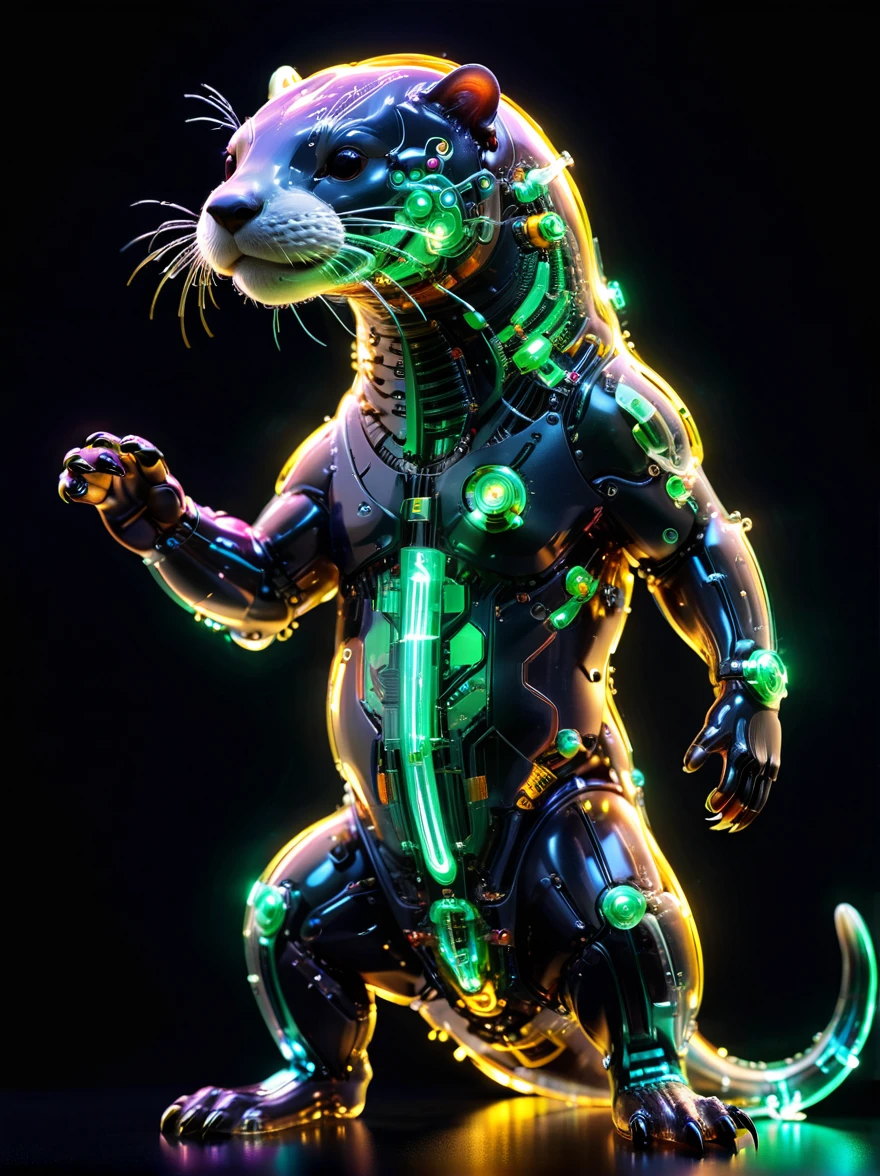 whole body, Pure black background, The combination of biology and mechanics, Transparent Mechanical Otter, Complex and precise internal structure, glowing neon lights, (Light-emitting electronic components)