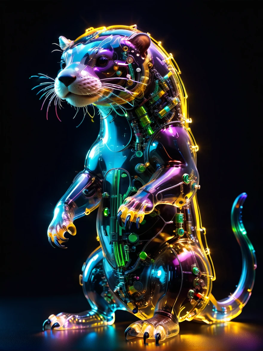 whole body, Pure black background, The combination of biology and mechanics, Transparent Mechanical Otter, Complex and precise internal structure, glowing neon lights, (Light-emitting electronic components)