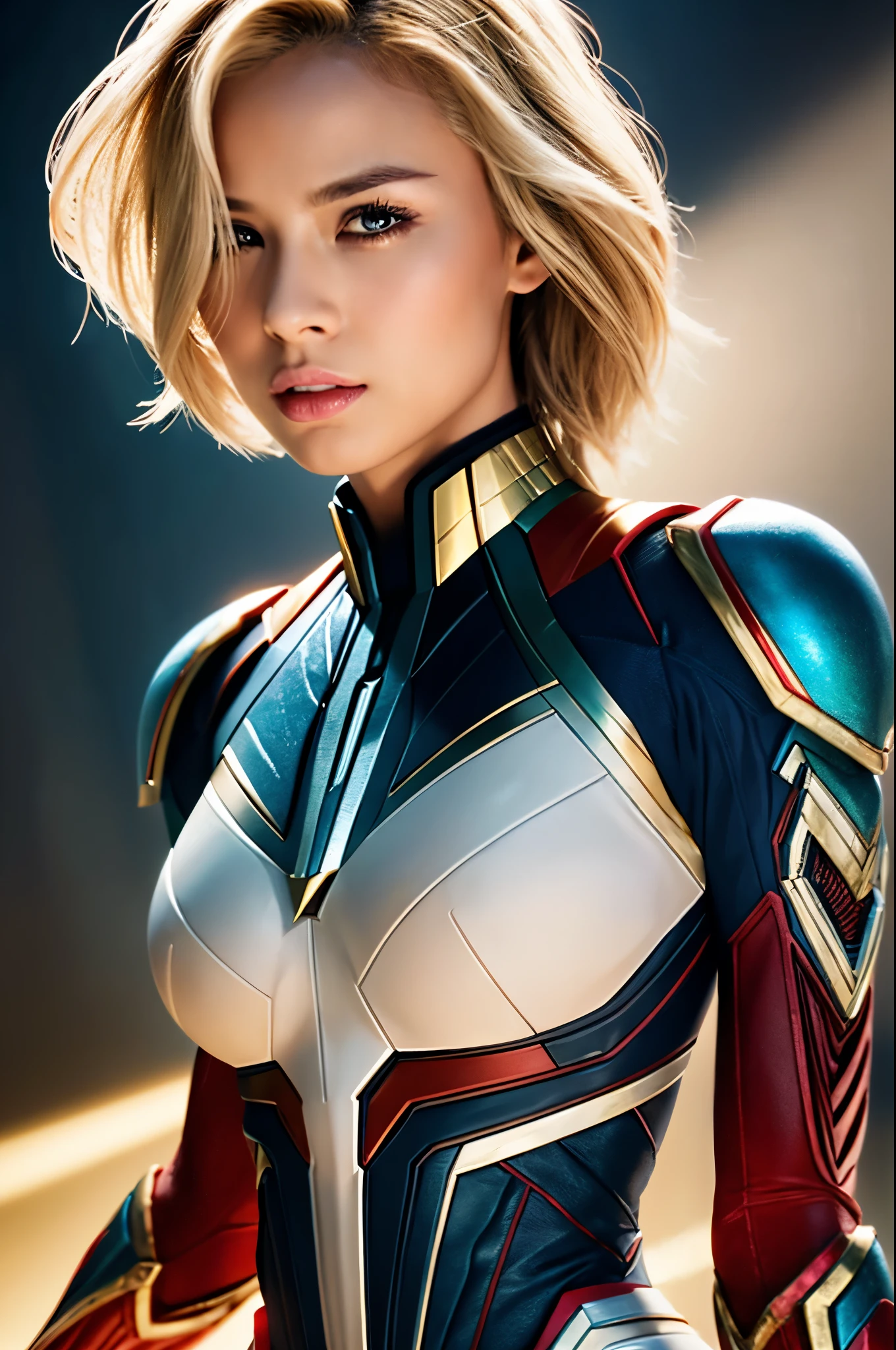 8K,blonde mohawk hair,Captain Marvel,Super Beauty(Realistic Skin),Captain Marvelのラバーコスチューム,Very large breasts,Muscular body,Perfect Anatomy,charm,Volume measurement,Body balance,Digital single-lens reflex camera, Soft lighting, Detailed Background, Written boundary depth, Volumetric lighting, Sharp focus, Absurd, Realistic proportions, Excellent anatomy, (Realistic, 超Realistic:1.4), 16K HDR, dawn,A High Resolution,super Realistic 肌,Super beautiful expression,Fantasy art,Character Art,Wind effects:1.9、Cloud Effect:1.2、Full Rendering、Professional quality high resolution、Perfect contrast、Perfect lighting、Perfect composition、Perfect Skin、Perfect Fingers、Perfect breasts、Perfect Hair、Perfect Face、Realistic facial features,super highest quality,Slim figure,Perfect body line,Perfect hand shape,Anatomical body balance,Highly detailed face,Highly detailed eyes,Beautiful Lips,Excellent light particles,Cinema Lighting,Makeup,Ultra-high resolution,Ultra-Realistic Skin,Makeup,Dynamic pose,American Comics,Fighting Pose,battlefield,Battle Mode,激しいBattle Mode,Captain Marvelのコス,Get Ready,