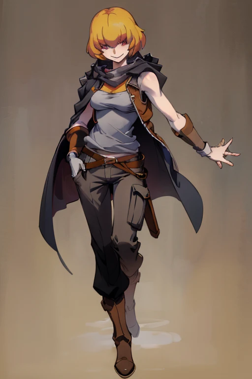 ((highest quality)), ((masterpiece)), (be familiar with),Clementine,Overload,{{nsfw}},Sleeveless hoodie,Grey Shirt,cargo pants,Bewitching Smile,whole body,boots,Long coat,Erect nipples
