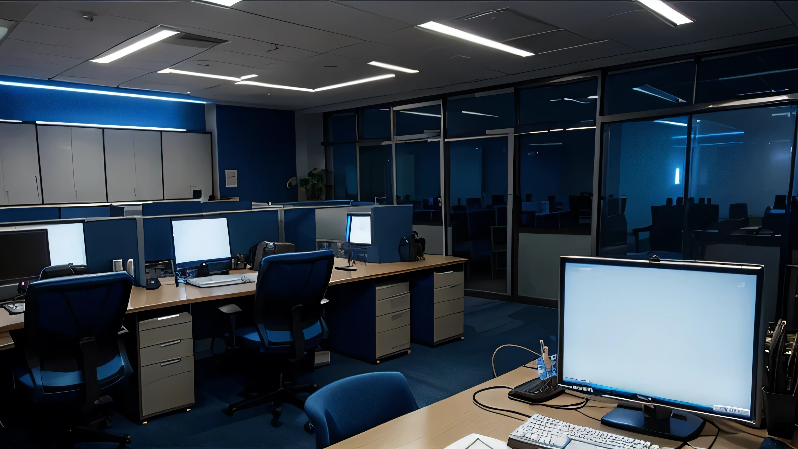 An office with blue lights, profissional, elegante, varios computadores