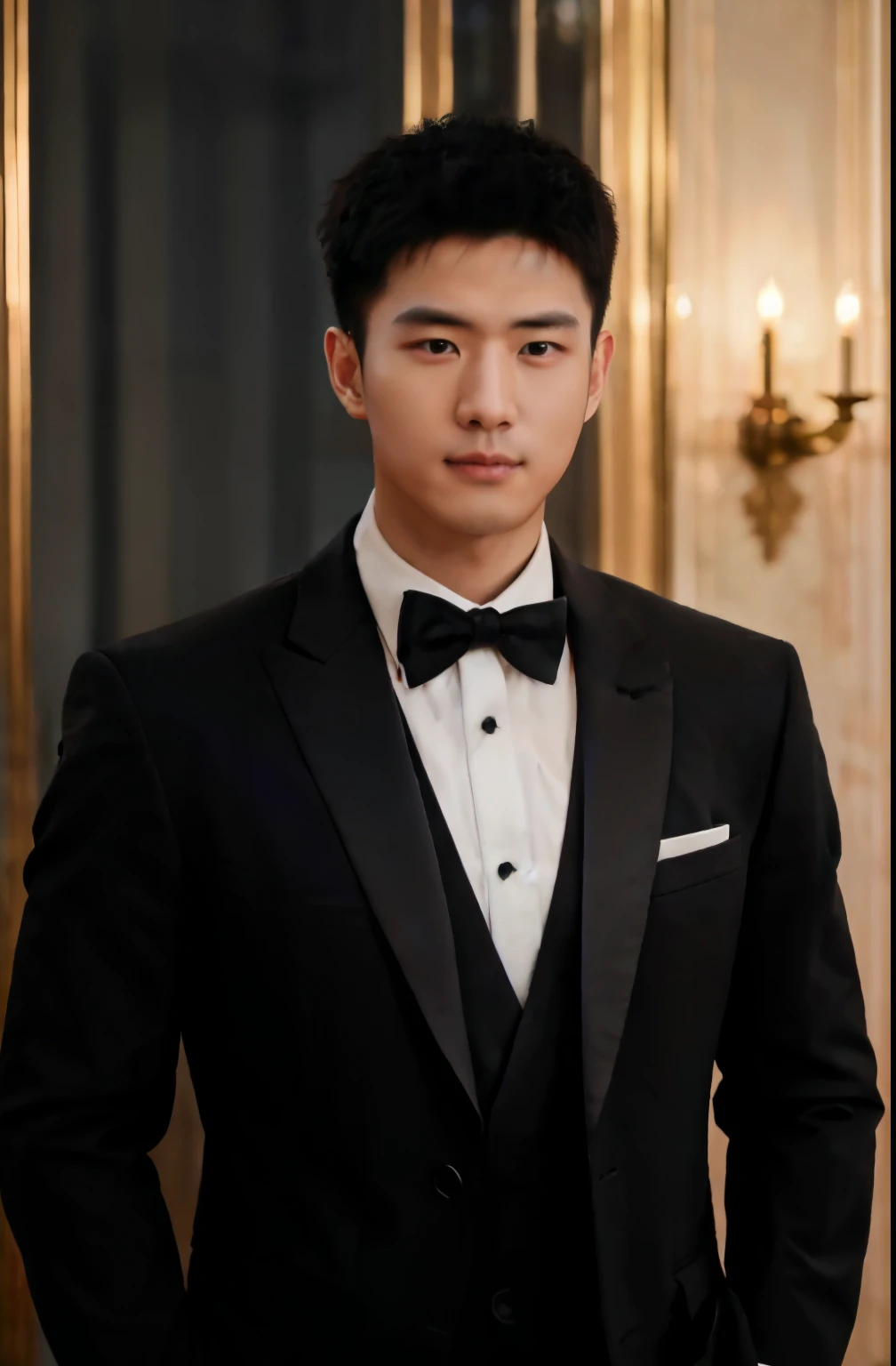 1 person, A 25-year-old muscular man, Wearing a black suit, formal suit, soft light, masterpiece, best quality, 8k ultra high definition, midway realism