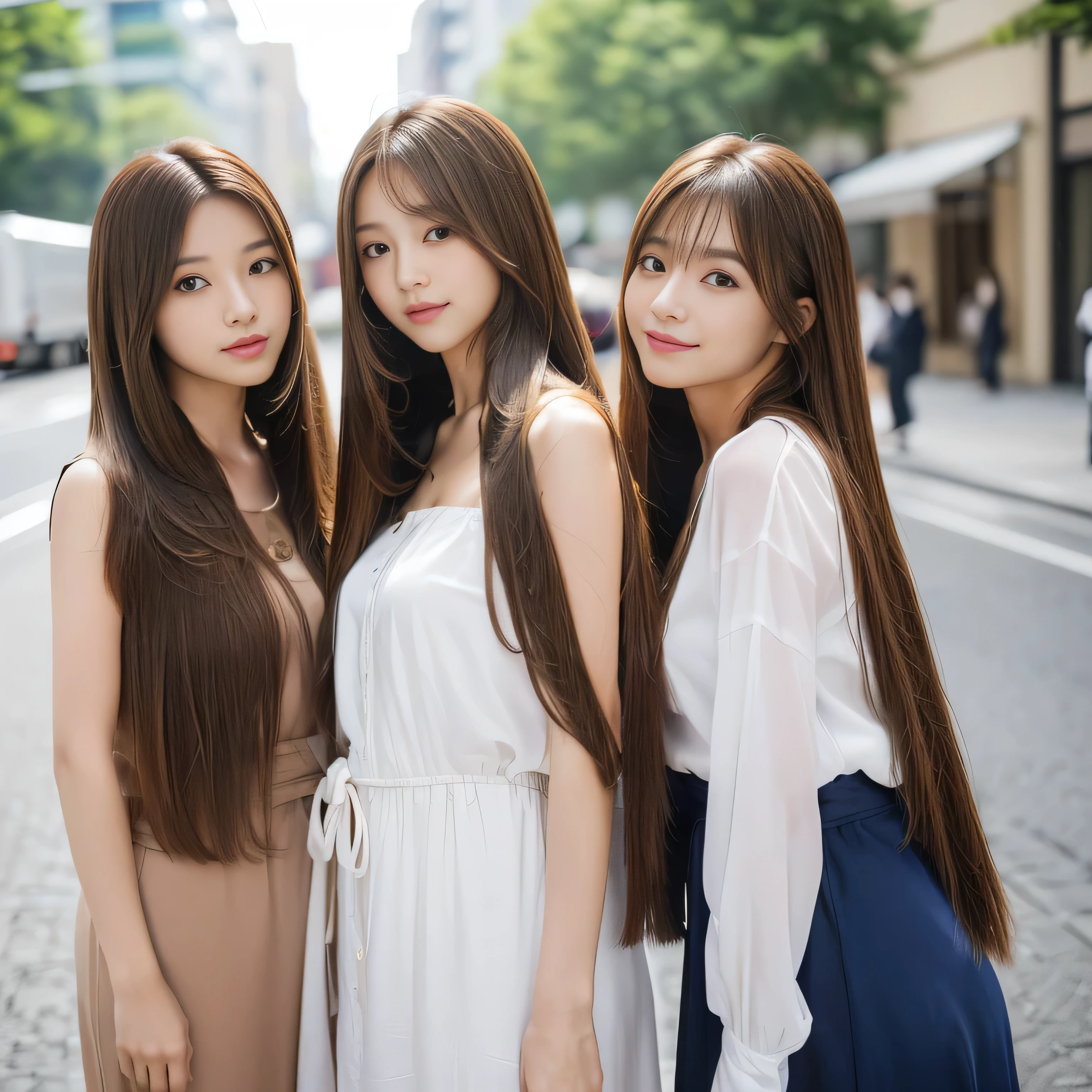 (((Three identical twins chatting happily in a busy street and striking random poses for a photo A waist-up shot of three people having fun))) ((All three: Random poses that show as much back and hair as possible:1.8)) (The three girlfriends have neatly trimmed full bangs..:1.3) ((All three beautiful 24 year old hair model with long light brown hair, girl with super Very long hair that reaches down to the ankles, extremely Very long hair that reaches down to the ankles, Very long hair that reaches down to the ankles,Very long hair that reaches down to the ankles , Flowing Hair, very Very long hair that reaches down to the ankles, Very long hair that reaches down to the anklesgirl,Very long hair that reaches down to the ankles , flowing light brown hair, length Hair windy, Very long light brown hair, flowing light brown hair,Incredibly straight long-lasting hair, Abnormally long髪!!!!! Her highest quality!!!!! hair is long and straight., とても長い light brown hair that reaches down to the ankles, highest quality light brown hair , , Highest quality long straightなVery long hair that reaches down to the ankles!!!!! straight, beautiful, High quality hair, Very long hair that reaches down to the ankles and highest quality straight light brown hair, straight, highest quality light brown hair, Perfect silky straight hair of the highest quality, straight, highest quality light brown hair , lengthLight brown hair straight hair, Abnormally long hair that goes on forever!!!!!, Thick and voluminous light brown hair Her hair is long and straight, Very long light brown hair, Abnormally long、or Abnormally long hair that goes on forever!!!! light brown hair, Very long hair!!!!!, straight, Long light brown hair that reaches down to her ankles!!!!!, Abnormally very long straight, beautiful hair of the highest quality, length Hair, length, straight light brown hair ,Extraordinarily very long light brown hair that lasts forever and free straight light brown hair , straight light brown hair)) (Japan's most sexy and beautiful 24-year-old beauty model) ((highest quality)), ((masterpiece)), (Familiar) (Get used to it) Perfect Face (All threeHer skin is a typical Japanese skin color. And very detailed) (All three, center:1.3) (All three She is wearing a beautiful shiny white camisole.) (All three She has a beautiful face and a typical Japanese figure...., Narrow eyes) (All three She has perfect beautiful and sexy makeup and face Lipstick is light red A solid eyeliner) ((Rich 1.4)) (Very detailed)