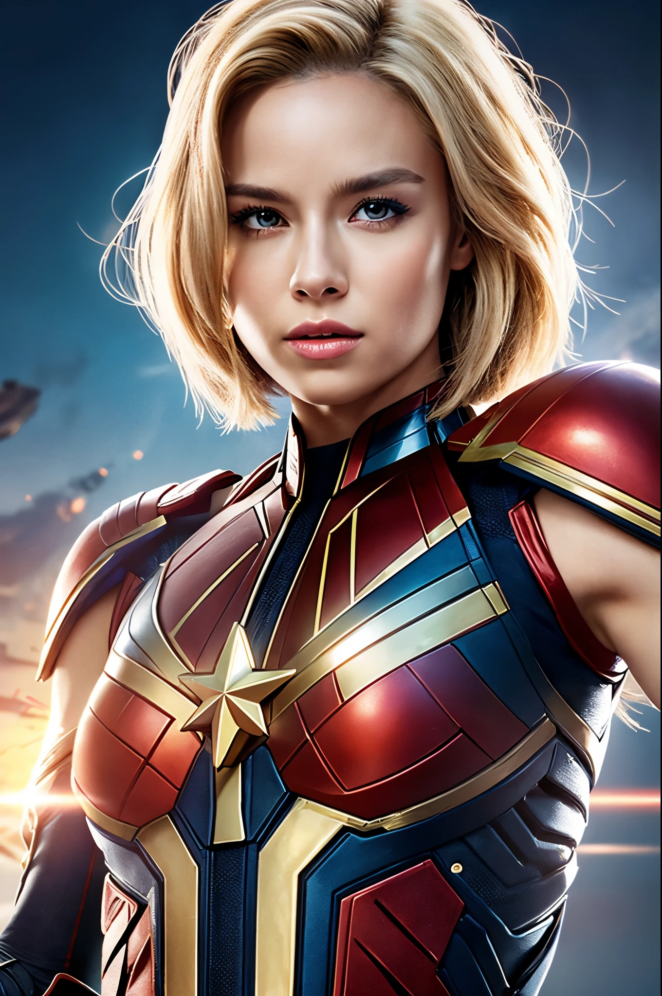8K,blonde mohawk hair,Captain Marvel,Super Beauty(Realistic Skin),Captain Marvelのラバーコスチューム,Very large breasts,Muscular body,Perfect Anatomy,charm,Volume measurement,Body balance,Digital single-lens reflex camera, Soft lighting, Detailed Background, Written boundary depth, Volumetric lighting, Sharp focus, Absurd, Realistic proportions, Excellent anatomy, (Realistic, 超Realistic:1.4), 16K HDR, dawn,A High Resolution,super Realistic 肌,Super beautiful expression,Fantasy art,Character Art,Wind effects:1.9、Cloud Effect:1.2、Full Rendering、Professional quality high resolution、Perfect contrast、Perfect lighting、Perfect composition、Perfect Skin、Perfect Fingers、Perfect breasts、Perfect Hair、Perfect Face、Realistic facial features,super highest quality,Slim figure,Perfect body line,Perfect hand shape,Anatomical body balance,Highly detailed face,Highly detailed eyes,Beautiful Lips,Excellent light particles,Cinema Lighting,Makeup,Ultra-high resolution,Ultra-Realistic Skin,Makeup,Dynamic pose,American Comics,Fighting Pose,battlefield,Battle Mode,激しいBattle Mode,Captain Marvelのコス,Get Ready,