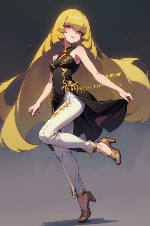 ((highest quality)), ((masterpiece)), (Familiar), Lusamine,thin,thin,Long blonde hair,Small breasts,Erect nipples,Adult female,Green Eyes,Slanted Eyes,Sleeveless dress,Black Dress,Gold embroidery,White pants style,High heels,Fascinating
