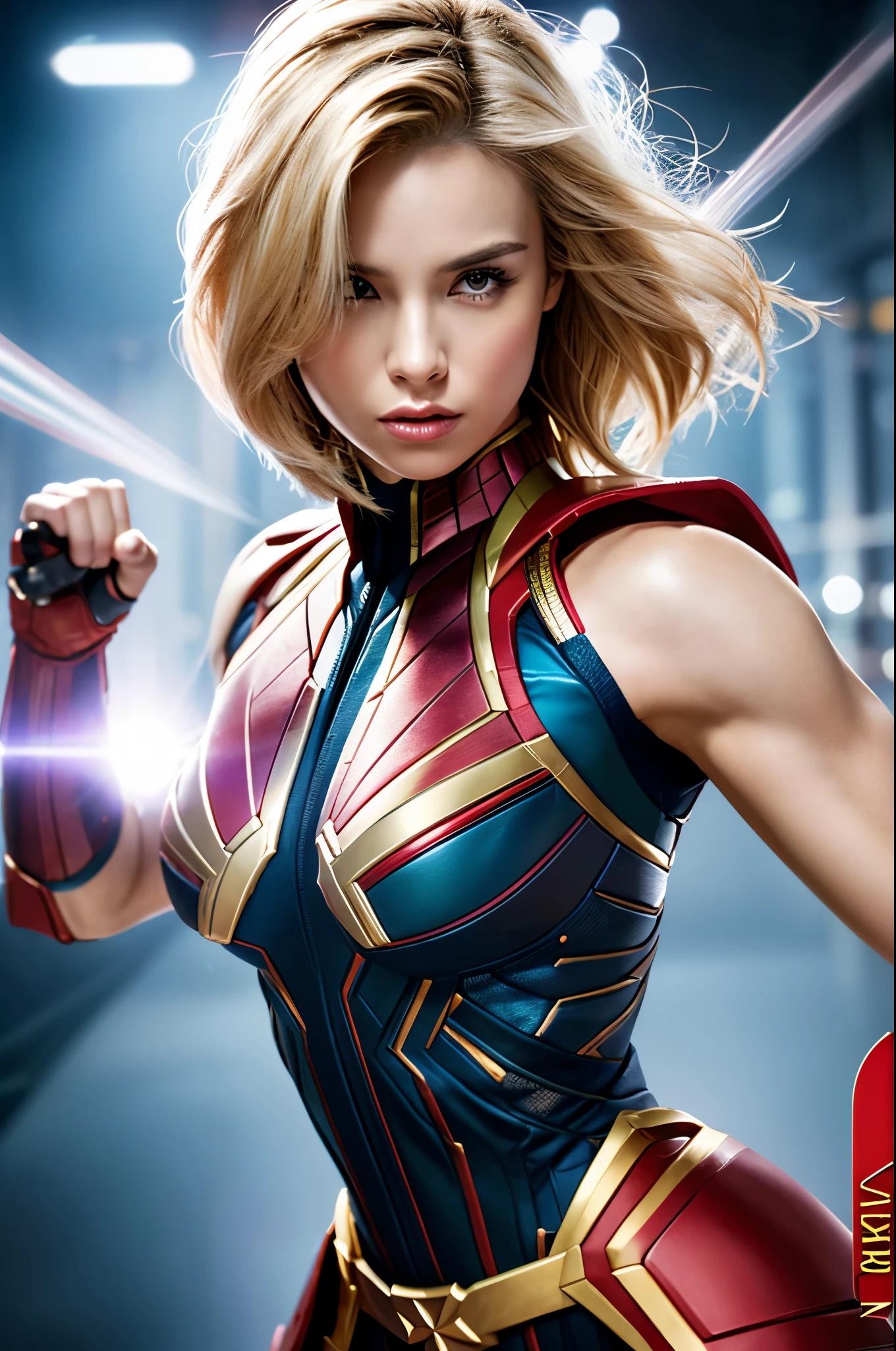 8K,blonde mohawk hair,Captain Marvel,Super Beauty(Realistic Skin),Captain Marvelのラバーコスチューム,Very large breasts,Muscular body,Perfect Anatomy,charm,Volume measurement,Body balance,Digital single-lens reflex camera, Soft lighting, Detailed Background, Written boundary depth, Volumetric lighting, Sharp focus, Absurd, Realistic proportions, Excellent anatomy, (Realistic, 超Realistic:1.4), 16K HDR, dawn,A High Resolution,super Realistic 肌,Super beautiful expression,Fantasy art,Character Art,Wind effects:1.9、Cloud Effect:1.2、Full Rendering、Professional quality high resolution、Perfect contrast、Perfect lighting、Perfect composition、Perfect Skin、Perfect Fingers、Perfect breasts、Perfect Hair、Perfect Face、Realistic facial features,super highest quality,Slim figure,Perfect body line,Perfect hand shape,Anatomical body balance,Highly detailed face,Highly detailed eyes,Beautiful Lips,Excellent light particles,Cinema Lighting,Makeup,Ultra-high resolution,Ultra-Realistic Skin,Makeup,Dynamic pose,American Comics,Fighting Pose,battlefield,Battle Mode,激しいBattle Mode,Captain Marvelのコス,Martial Arts Posture,