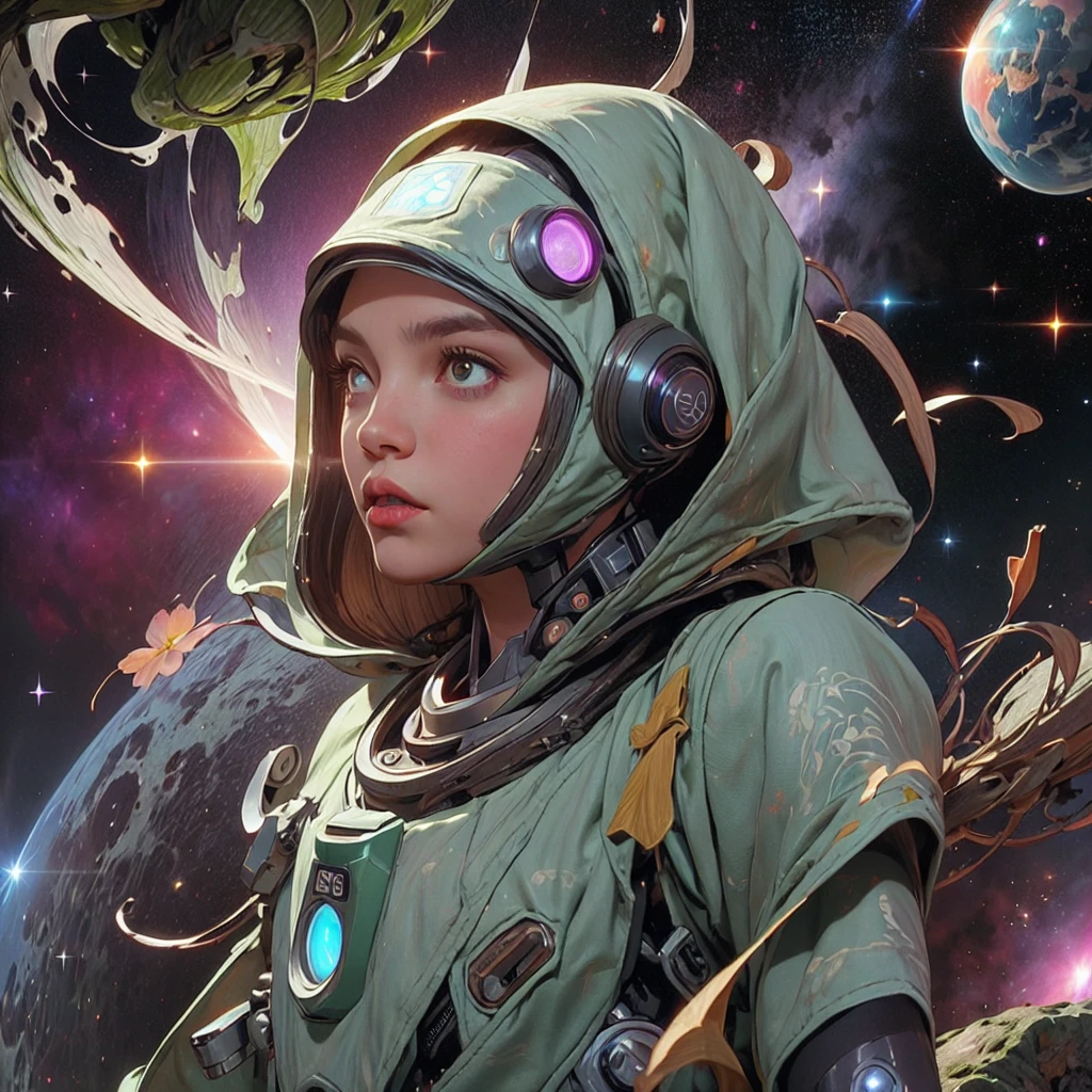 there is a screenshot of a woman in a space suit, cosmic girl, event, cosmic entity, incriminate content details, endless cosmos in the background, historical event, real event, astral background, cosmic background, cosmic goddess, cyborg goddess in cosmos, celestial cosmos, game interface, violet battlefield theme, cosmic style, hyperdetailed content, background details