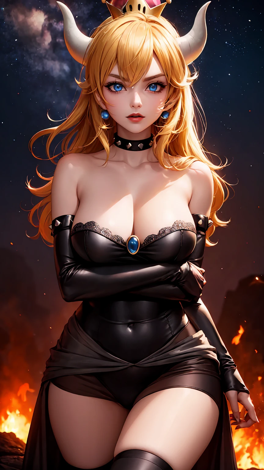 ((high detailed, best quality, 4k, masterpiece, hd:1.3)), ((best quality)), (((HD))), (((8k))), (ultraDH), (ultra HD), Princess Daisy, blue eyes, BREAK blue eyes, seductive, attractive, smooth anime cg art, 36C breasts, long legs, vivid colors, detailed digital art, slim body, perfect skin, dark blonde hair, long hair, blonde hair, blonde hair, BREAK crown, cleavage, 36C cleavage, looking at viewer, BREAK looking at viewer, extremely detailed face, red santa suit, red santa claus suit, santa claus suit, earrings, gem, dark black makeup lips, dark gothic eyeshadows, dark eyeshadows, black eyeshadows, black sexy lips, black lips, (dark:1.2), dark lips, very dark lips, (perfect hands, perfect anatomy), black makeup, black medium lips, black thick lips, detailed fingers, five fingers per hand, 5 fingers, (1 girl), detailed lips, detailed black lips, black painted lips, gothic painted lips, BREAK night, night sky, (breast focus), (arms outstreched:1.2), (from above:1.1), (breasts out:1.3), (off shoulder:1.1), (white horns), (bra), inside a lava castle, she inside a sea of lava, she bathing in lava,
