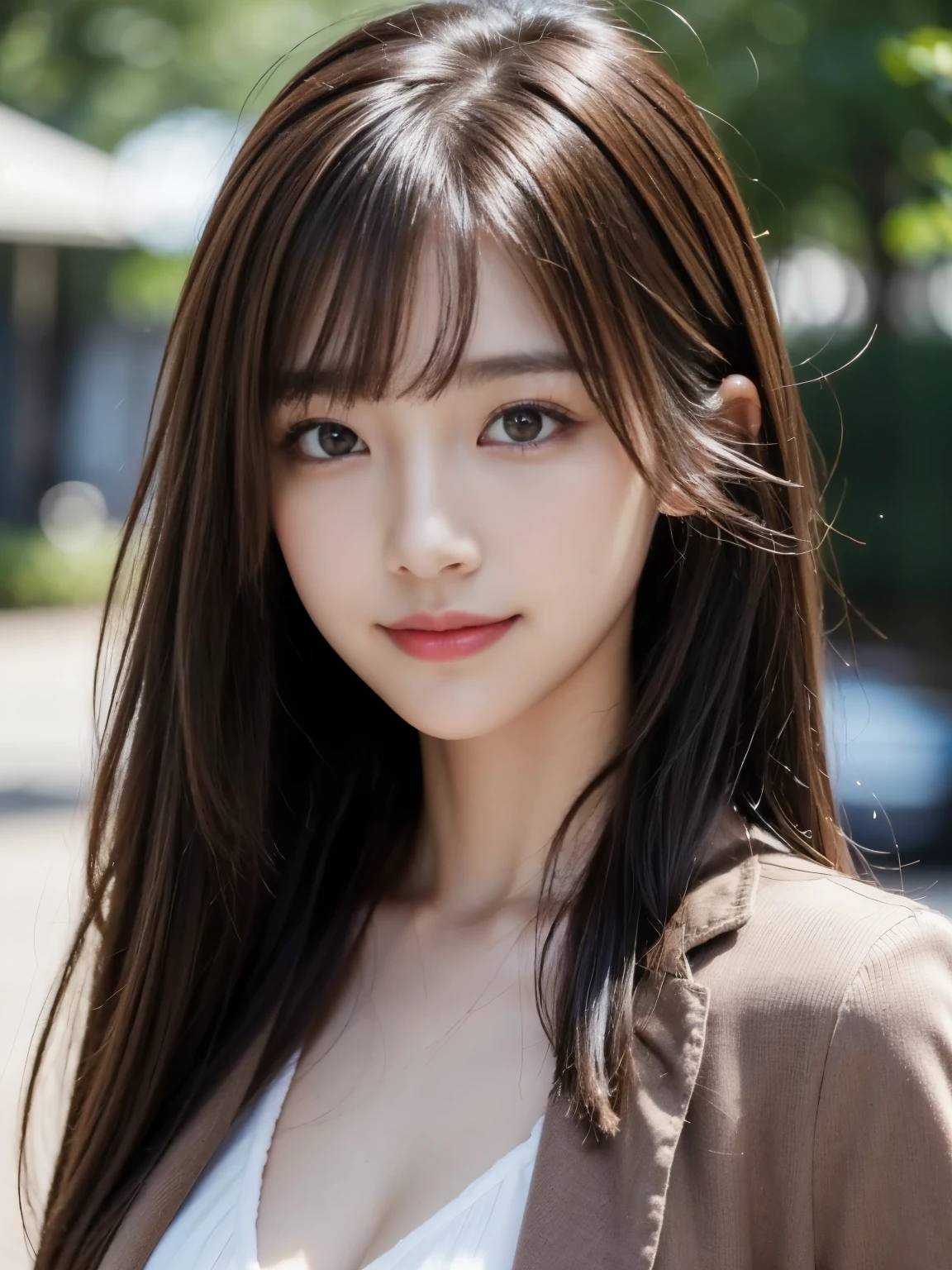 super high quality, (8k, RAW Photos, highest quality, masterpiece:1.2), Fashion Model, Slender, Japanese Idol, Serious expression, brown hair, Stylish, Fashion magazine shooting, ultra-detailed, perfect face, perfect symmetrically perfect eyes, perfect full lips, flexible female form, Realistic, Photorealistic:1.3, Beautiful Face, light brown hair, messy hair, Beautiful hairstyle, Normal chest, Neat clothes, (smile), (wearing clothes:1.3),