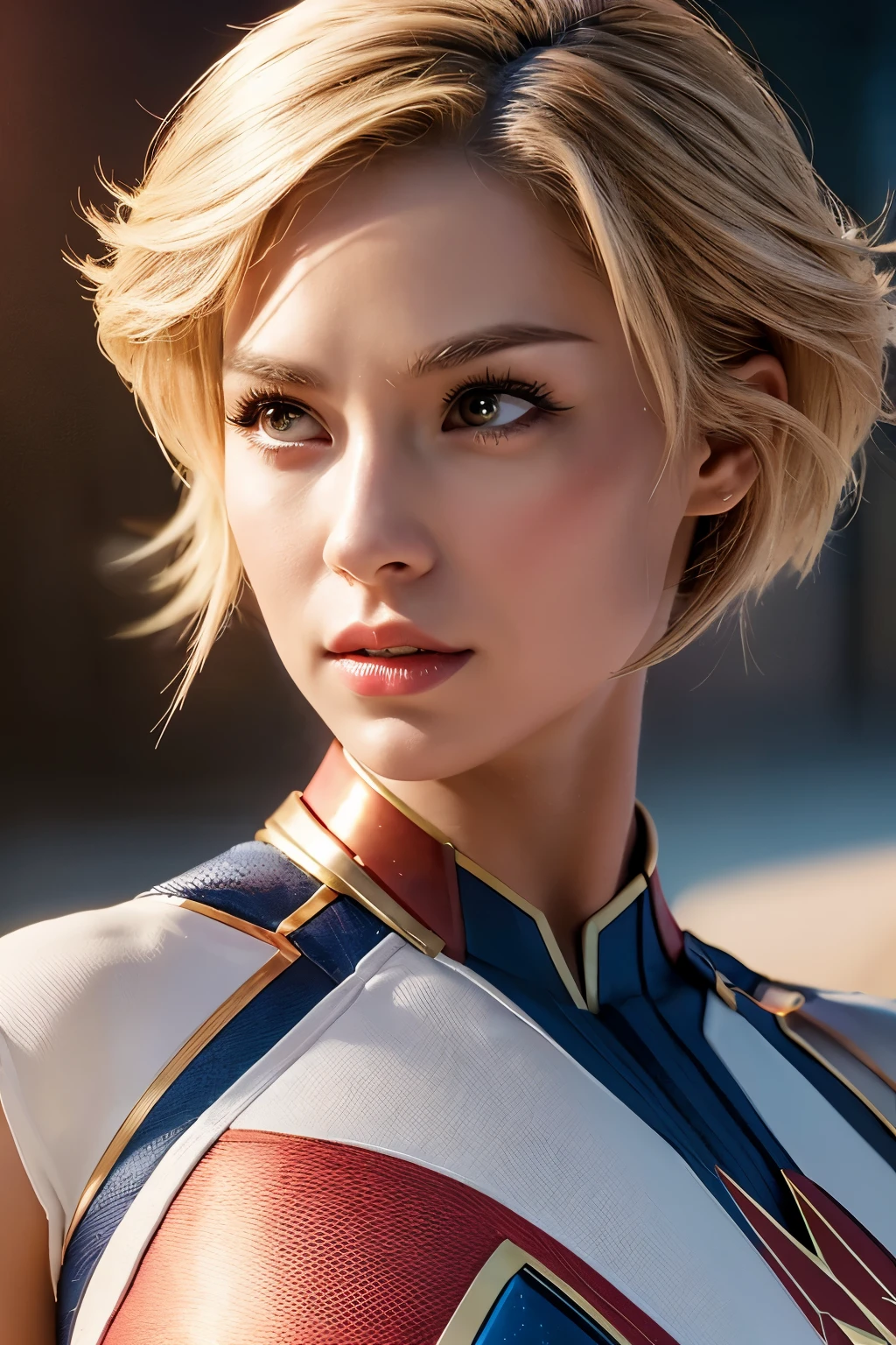 8K,blonde mohawk hair,Captain Marvel,Super Beauty(Realistic Skin),Captain Marvelのラバーコスチューム,Very large breasts,Muscular body,Perfect Anatomy,charm,Volume measurement,Body balance,Digital single-lens reflex camera, Soft lighting, Detailed Background, Written boundary depth, Volumetric lighting, Sharp focus, Absurd, Realistic proportions, Excellent anatomy, (Realistic, 超Realistic:1.4), 16K HDR, dawn,A High Resolution,super Realistic 肌,Super beautiful expression,Fantasy art,Character Art,Wind effects:1.9、Cloud Effect:1.2、Full Rendering、Professional quality high resolution、Perfect contrast、Perfect lighting、Perfect composition、Perfect Skin、Perfect Fingers、Perfect breasts、Perfect Hair、Perfect Face、Realistic facial features,super highest quality,Slim figure,Perfect body line,Perfect hand shape,Anatomical body balance,Highly detailed face,Highly detailed eyes,Beautiful Lips,Excellent light particles,Cinema Lighting,Makeup,Ultra-high resolution,Ultra-Realistic Skin,Makeup,Dynamic pose,American Comics,Fighting Pose,battlefield,Battle Mode,激しいBattle Mode,Captain Marvelのコス,Get Ready,landscape,
