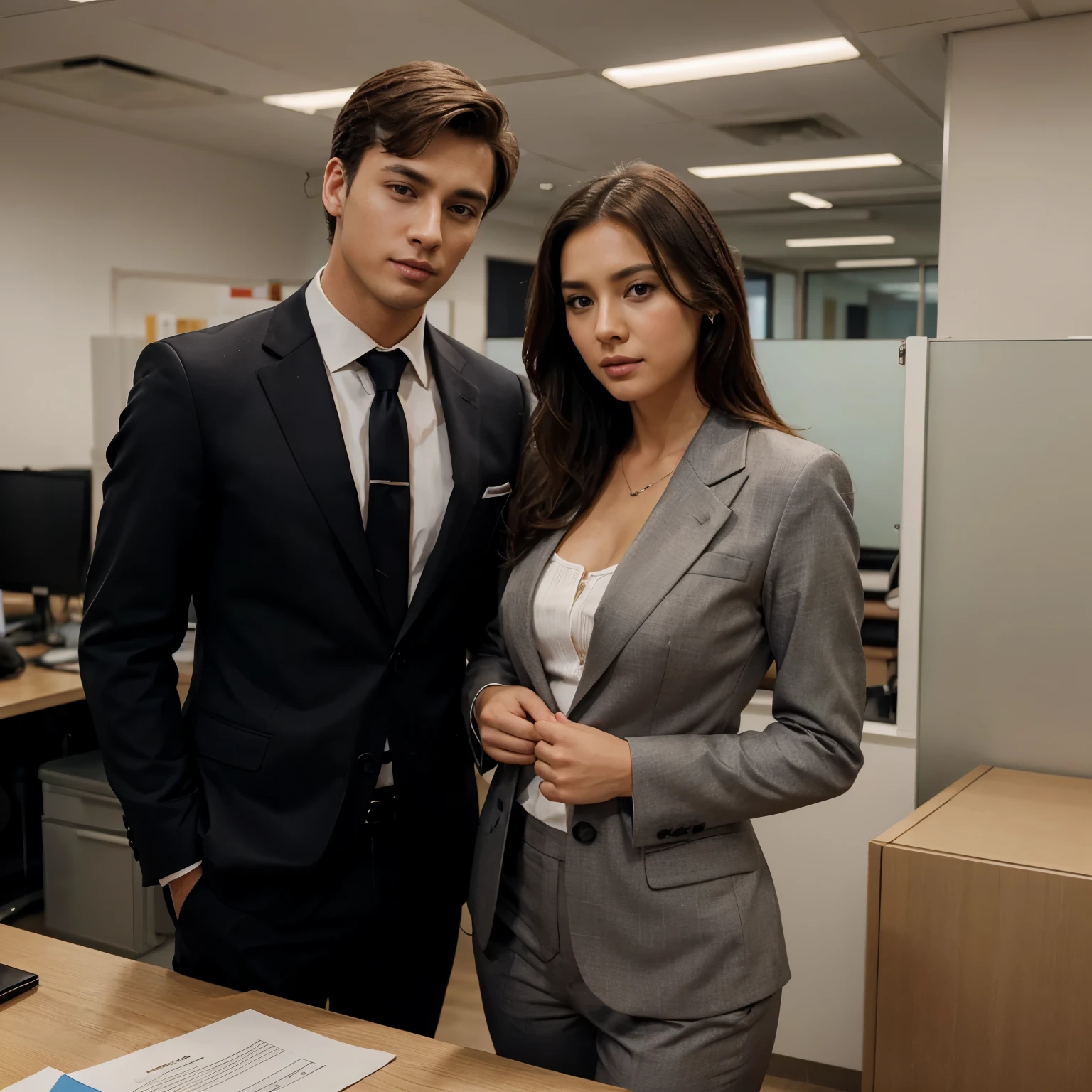 Handsome young boss wearing suits with sad beautiful secretary in the office