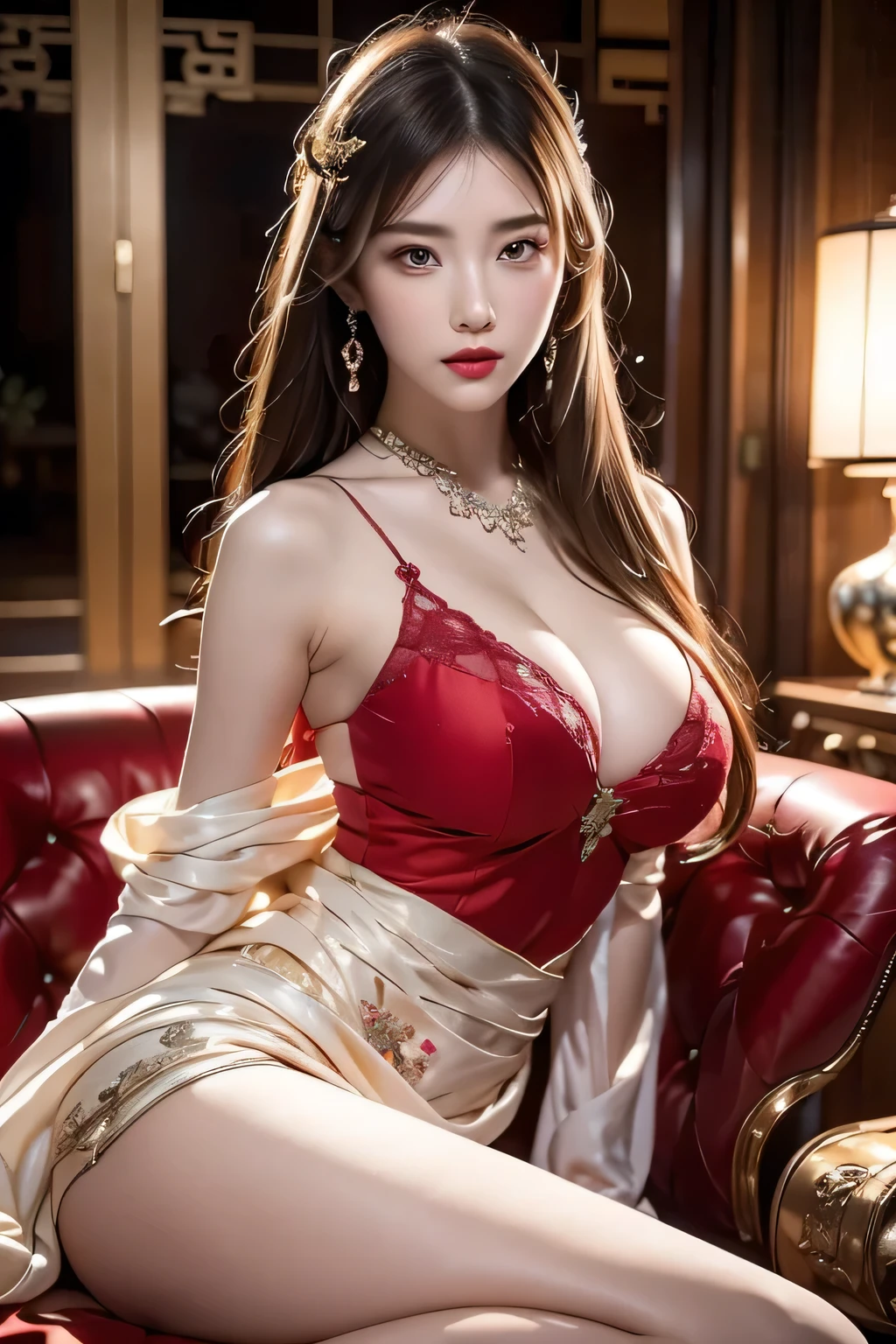 High-quality work,Realistic works,Super premium graphics,8K HD CG works,high quality graphics,High-definition and exquisite CG works,10x pixels,Ultra-fine details:1.1,Advanced technical details:1.1Realistic photo effects,Interior lighting effects:1.5,natural soft light:1.5. Light effect(Virtual light effects:1.8),ultra high resolution,shining dress,sliver long hair,silber hair,transparenthair,high detailed hair(Quality hair details:1.1)Clear eyes,Double eyelids look good,Sharp eye makeup, Create exquisite eyelash makeup, tthin eyebrows, Ultra-detailed eyes,a tall nose, lovely red lips, rosey cheeks, With delicate makeup on her face , pretty face, The face shape is perfectly proportioned,(Advanced facial details:1.1)a close up of a woman sitting on a couch wearing a lingerie, sexy girl, japanese goddess, sitting on the sofa, very seductive pose, asian girl, on a couch, sexy body, gorgeous chinese model, smooth translucent white skin, soft body, beautiful goddess, pretty face with arms and legs, beautiful asian girl, sitting on the couch, sexy look,Women's artwork,Dress full body video,Realism,Amazing Cleavage,My eyes are very bright today