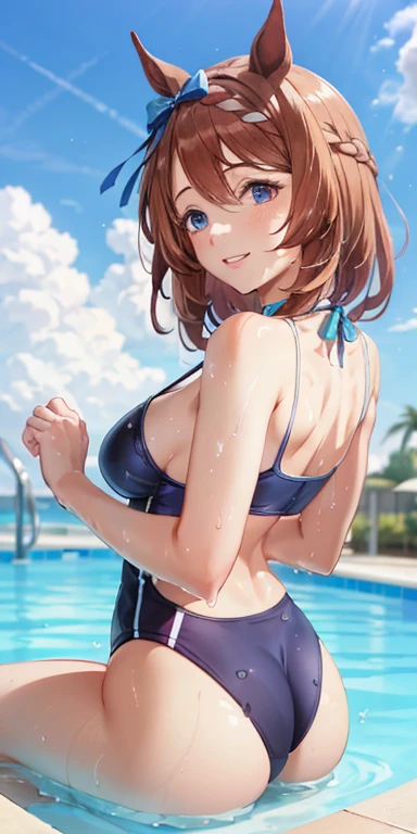 super creek \(umamusume\)、Close-up of the butt looking up from below、Get wet all over 1.5.Realistic、squat butt emphasis、13 year old girl、wearing a blue swimsuit，smile，cleavage emphasis，face reality，lips are a little red，cheeks are a little red，Sexy，pool