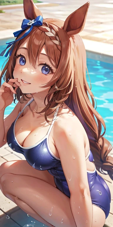 super creek \(umamusume\)、Close-up of the butt looking up from below、Get wet all over 1.5.Realistic、squat butt emphasis、*********** girl、wearing a blue swimsuit，smile，cleavage emphasis，face reality，lips are a little red，cheeks are a little red，Sexy，pool