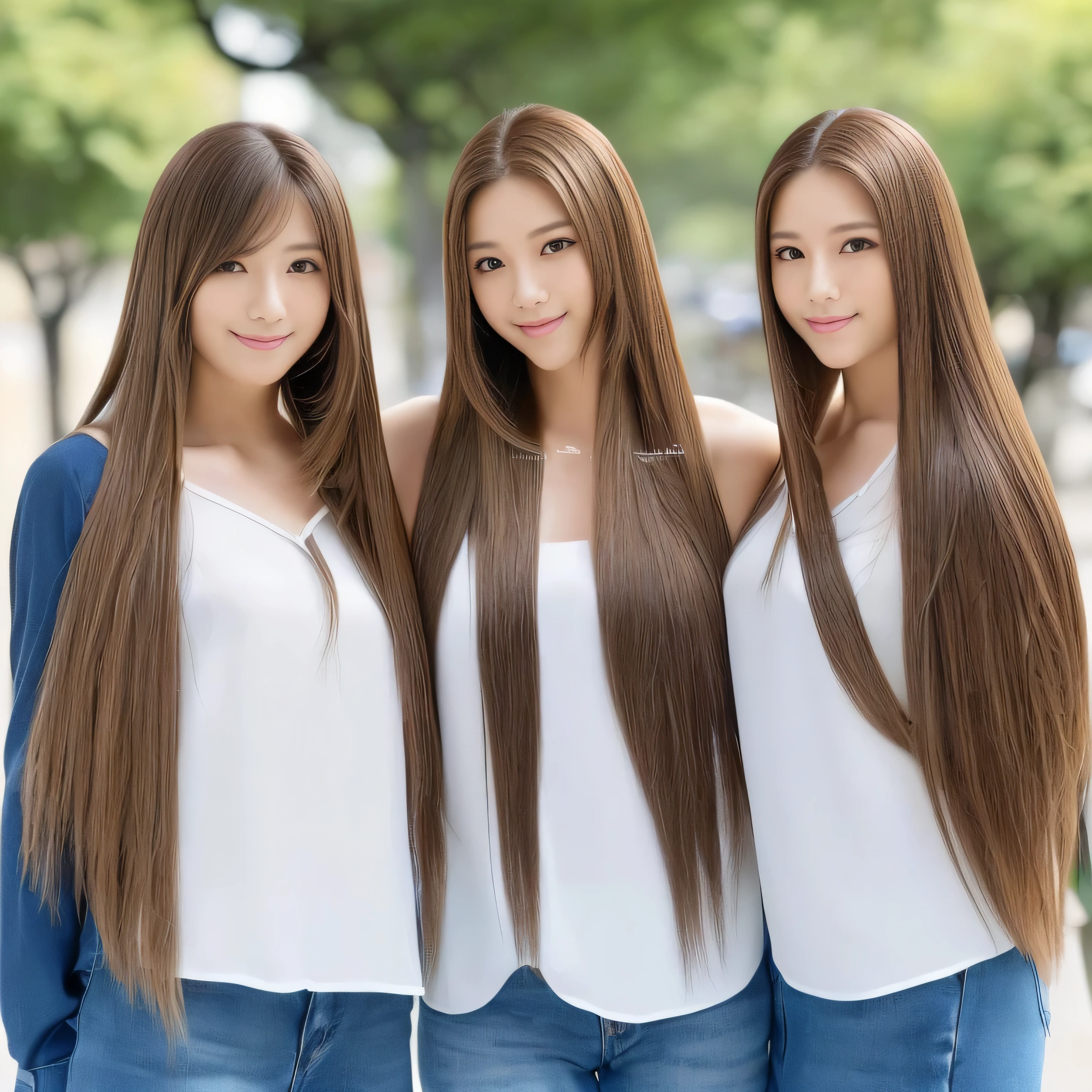 (((Three identical twins chatting happily in a busy street and striking random poses for a photo A waist-up shot of three people having fun))) ((All three: Random poses that show as much back and hair as possible:1.8)) (The three girlfriends have neatly trimmed full bangs..:1.3) ((All three beautiful 24 year old hair model with long light brown hair, girl with super Very long hair that reaches down to the ankles, extremely Very long hair that reaches down to the ankles, Very long hair that reaches down to the ankles,Very long hair that reaches down to the ankles , Flowing Hair, very Very long hair that reaches down to the ankles, Very long hair that reaches down to the anklesgirl,Very long hair that reaches down to the ankles , flowing light brown hair, length Hair windy, Very long light brown hair, flowing light brown hair,Incredibly straight long-lasting hair, Abnormally long髪!!!!! Her highest quality!!!!! hair is long and straight., とても長い light brown hair that reaches down to the ankles, highest quality light brown hair , , Highest quality long straightなVery long hair that reaches down to the ankles!!!!! straight, beautiful, High quality hair, Very long hair that reaches down to the ankles and highest quality straight light brown hair, straight, highest quality light brown hair, Perfect silky straight hair of the highest quality, straight, highest quality light brown hair , lengthLight brown hair straight hair, Abnormally long hair that goes on forever!!!!!, Thick and voluminous light brown hair Her hair is long and straight, Very long light brown hair, Abnormally long、or Abnormally long hair that goes on forever!!!! light brown hair, Very long hair!!!!!, straight, Long light brown hair that reaches down to her ankles!!!!!, Abnormally very long straight, beautiful hair of the highest quality, length Hair, length, straight light brown hair ,Extraordinarily very long light brown hair that lasts forever and free straight light brown hair , straight light brown hair)) (Japan's most sexy and beautiful 24-year-old beauty model) (All three look at the viewer with a very captivating expression..) ((highest quality)), ((masterpiece)), (Familiar) (Get used to it) Perfect Face (All threeHer skin is a typical Japanese skin color. And very detailed) (All three, center:1.3) (All three She is wearing a beautiful shiny white camisole.) (All three She has a beautiful face and a typical Japanese figure...., Narrow eyes) (All three She has perfect beautiful and sexy makeup and face Lipstick is light red A solid eyeliner) ((Rich 1.4)) (Very detailed)