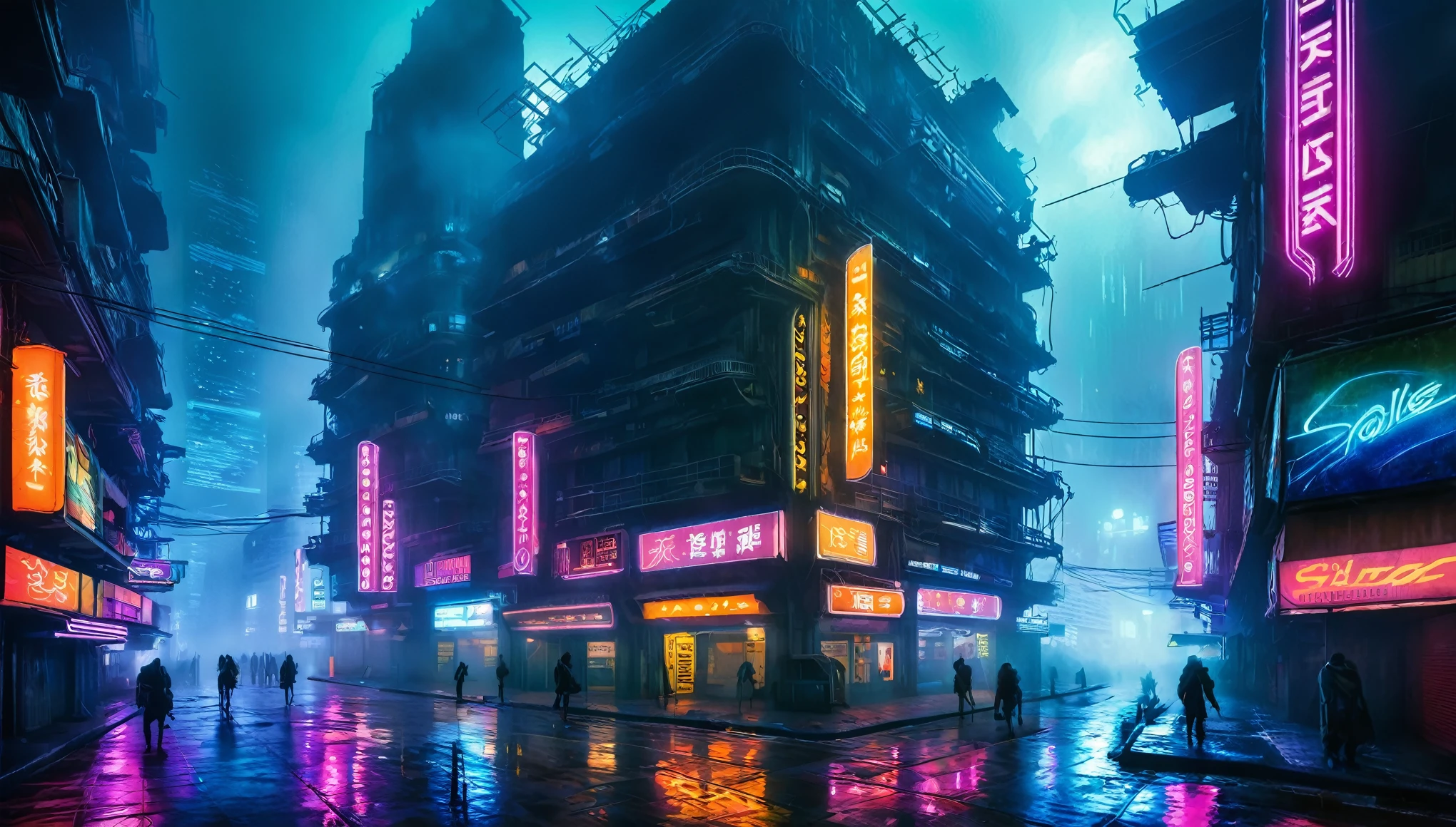 paisaje futurista oscuro, de noche, neon lights, Atmospheric fog, grandes edificios de fondo, ciudad futurista, calles sucias y concurridas con tiendas abiertas, basura en la calle, Edificios en ruinas, rascacielos (postapocalyptic city:1.3)