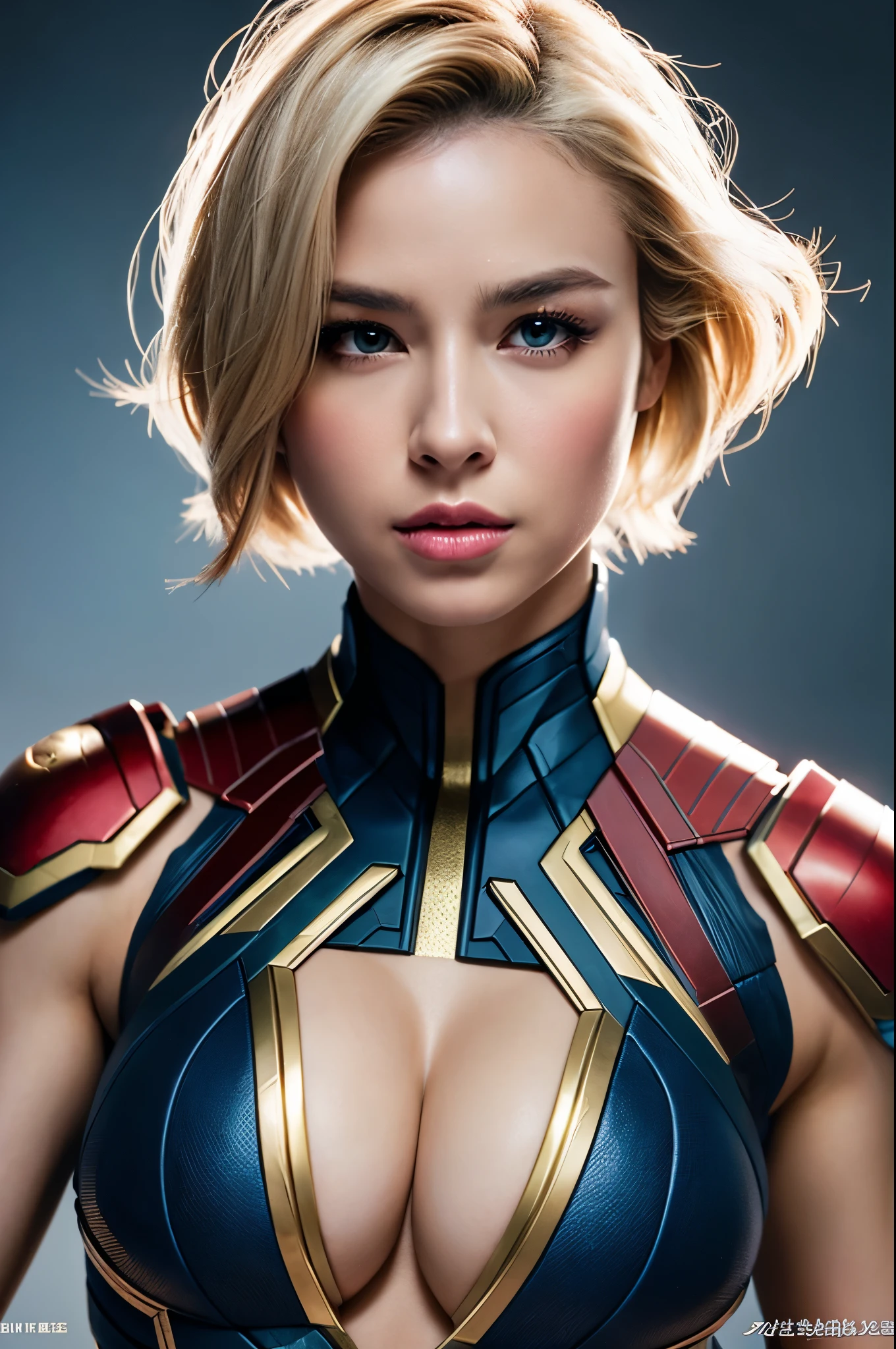 8K,blonde mohawk hair,Captain Marvel,Super Beauty(Realistic Skin),Captain Marvelのラバーコスチューム,Very large breasts,Muscular body,Perfect Anatomy,charm,Volume measurement,Body balance,Digital single-lens reflex camera, Soft lighting, Detailed Background, Written boundary depth, Volumetric lighting, Sharp focus, Absurd, Realistic proportions, Excellent anatomy, (Realistic, 超Realistic:1.4), 16K HDR, dawn,A High Resolution,super Realistic 肌,Super beautiful expression,Fantasy art,Character Art,Wind effects:1.9、Cloud Effect:1.2、Full Rendering、Professional quality high resolution、Perfect contrast、Perfect lighting、Perfect composition、Perfect Skin、Perfect Fingers、Perfect breasts、Perfect Hair、Perfect Face、Realistic facial features,super highest quality,Slim figure,Perfect body line,Perfect hand shape,Anatomical body balance,Highly detailed face,Highly detailed eyes,Beautiful Lips,Excellent light particles,Cinema Lighting,Makeup,Ultra-high resolution,Ultra-Realistic Skin,Makeup,Dynamic pose,American Comics,Fighting Pose,battlefield,Battle Mode,激しいBattle Mode,Captain Marvelのコス,Get Ready,