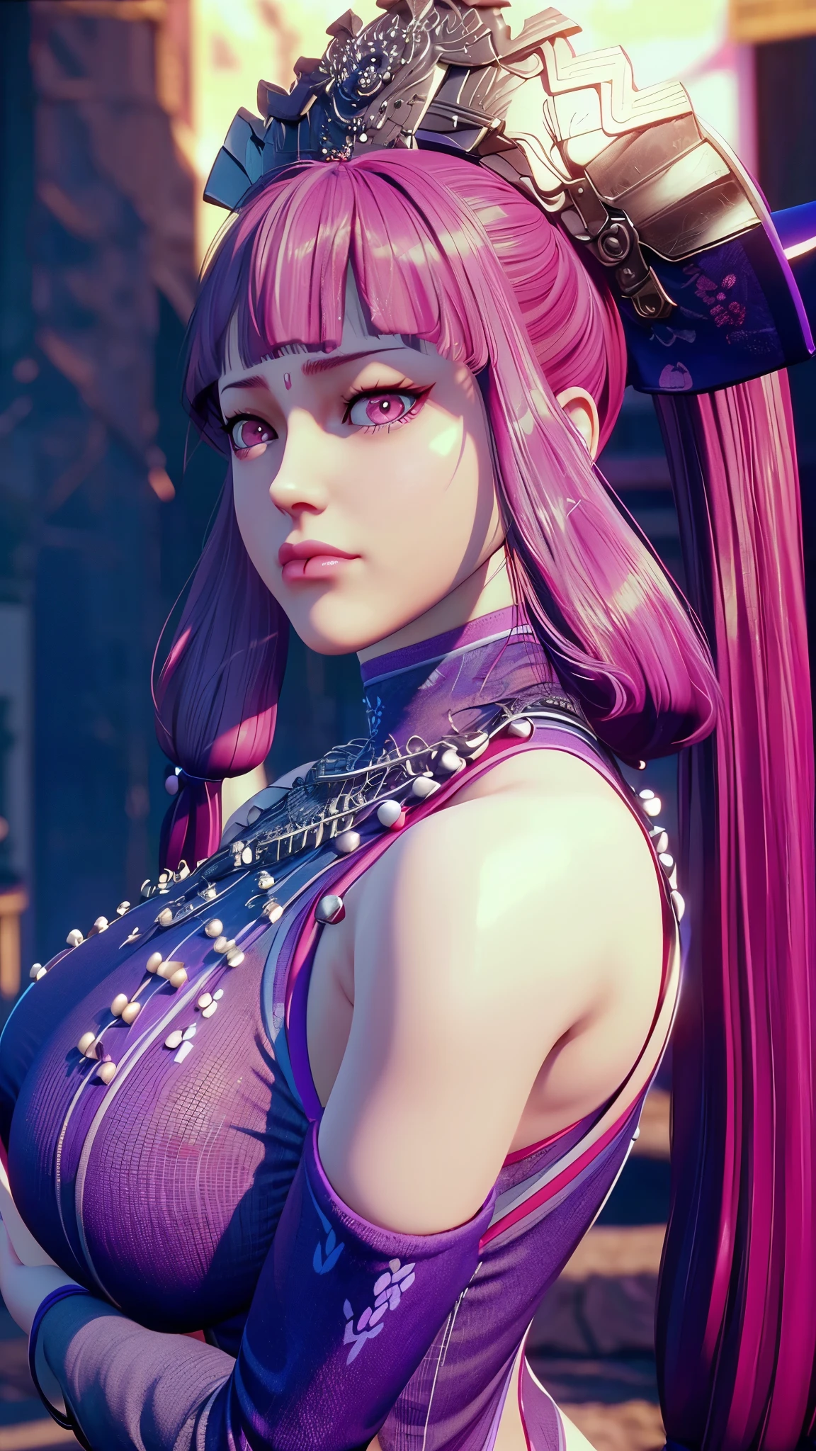 （（（完美figure，figure，solo， White and tender skin，（（（Cyberpunk，Playful and cute, with fair and tender skin, pink purple clothes, silver necklace,））），（（（cm_\(blr2023\)，Purple red long hair, silver headwear, purple red pupils, a little red between the lower lip,））），((masterpiece)),high resolution, ((Best quality at best))，masterpiece，quality，Best quality，（（（ Exquisite facial features，Looking at the audience,There is light in the eyes，(（（Smile，confidence））），型figure:1.7））），（（（Light and shadow，Huge breasts））），（（（Looking at the camera，black background，)）））