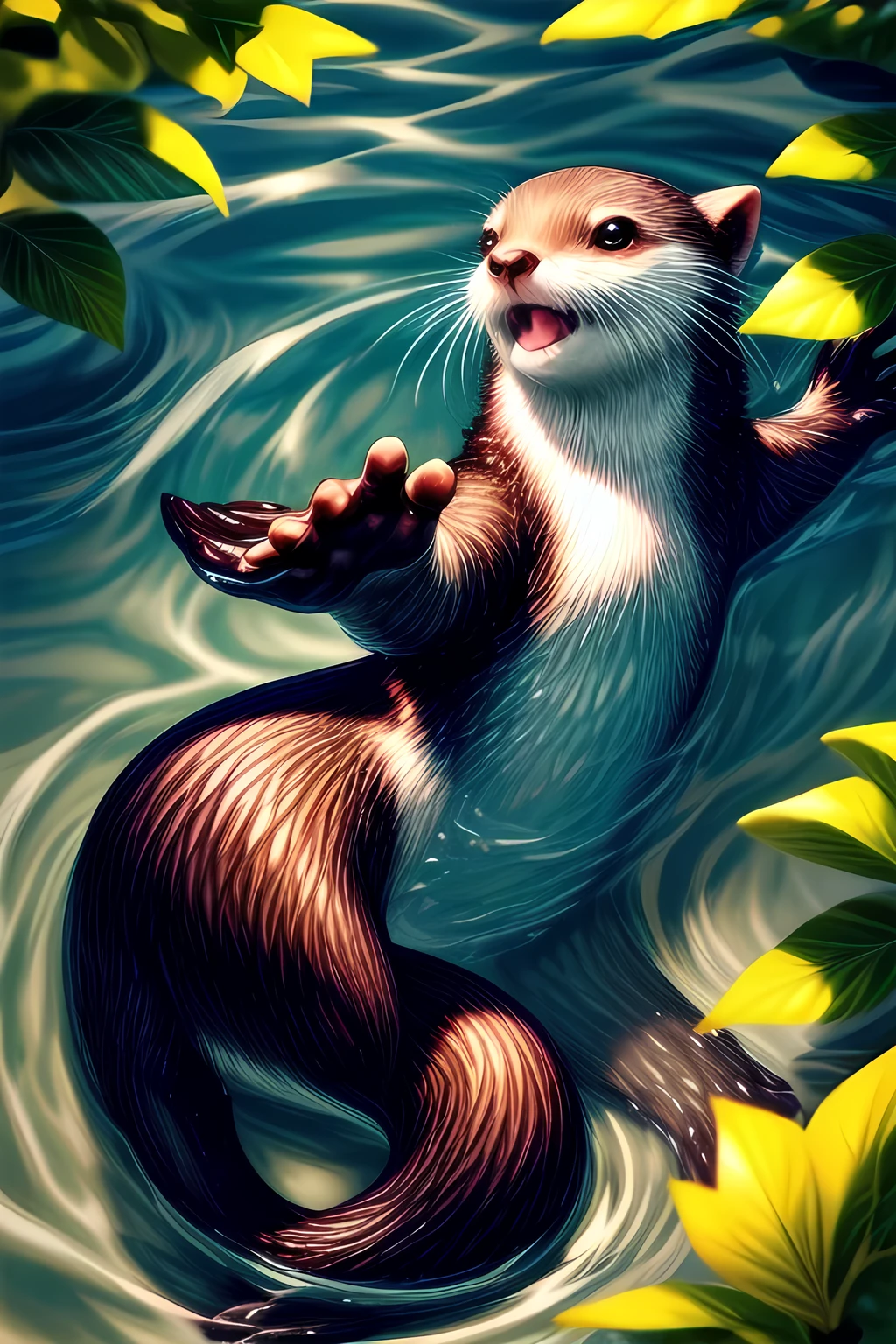 (best quality,highres),An Otter,sparkling water,playful,curious eyes,floating on its back,smooth fur,water droplets,shiny whiskers,slippery rocks,green vegetation,rippling waves,reflection of the sun,clear blue sky,vivid colors,natural habitat,splashing water,joyful movement,peaceful atmosphere,sunlit day,serene energy,water ripples,graceful swim,catching fish,dreamy scenery,endearing expression,blissful moment,masterpiece:1.2