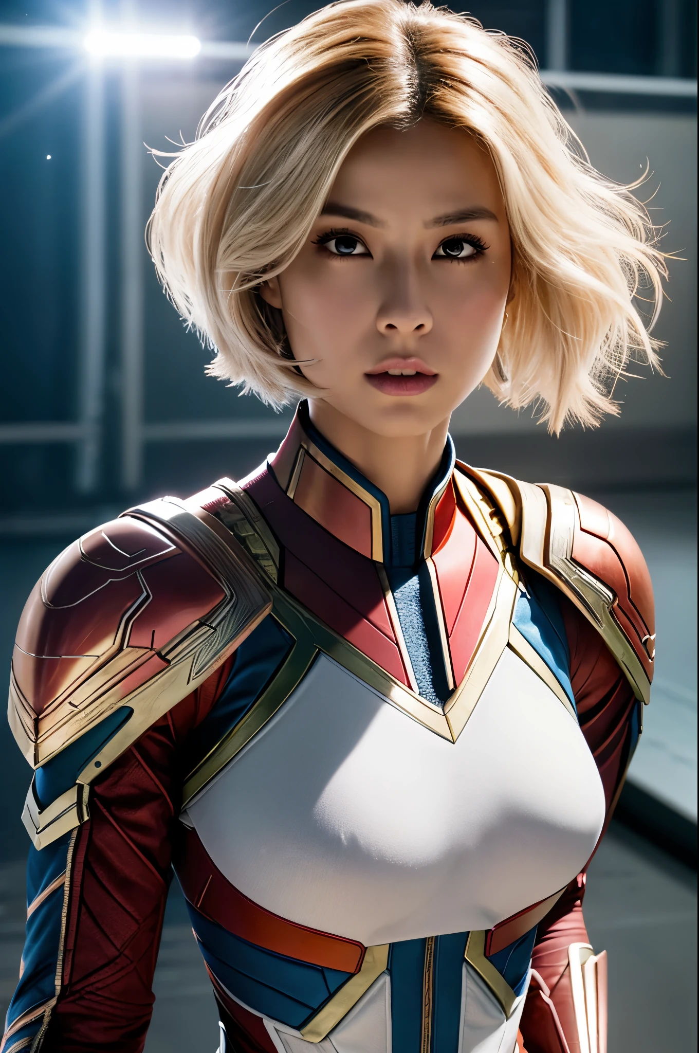 8K,blonde mohawk hair,Captain Marvel,Super Beauty(Realistic Skin),Captain Marvelのラバーコスチューム,Very large breasts,Muscular body,Perfect Anatomy,charm,Volume measurement,Body balance,Digital single-lens reflex camera, Soft lighting, Detailed Background, Written boundary depth, Volumetric lighting, Sharp focus, Absurd, Realistic proportions, Excellent anatomy, (Realistic, 超Realistic:1.4), 16K HDR, dawn,A High Resolution,super Realistic 肌,Super beautiful expression,Fantasy art,Character Art,Wind effects:1.9、Cloud Effect:1.2、Full Rendering、Professional quality high resolution、Perfect contrast、Perfect lighting、Perfect composition、Perfect Skin、Perfect Fingers、Perfect breasts、Perfect Hair、Perfect Face、Realistic facial features,super highest quality,Slim figure,Perfect body line,Perfect hand shape,Anatomical body balance,Highly detailed face,Highly detailed eyes,Beautiful Lips,Excellent light particles,Cinema Lighting,Makeup,Ultra-high resolution,Ultra-Realistic Skin,Makeup,Dynamic pose,American Comics,Fighting Pose,battlefield,Battle Mode,激しいBattle Mode,Captain Marvelのコス,Martial Arts Posture,Hero Landing,