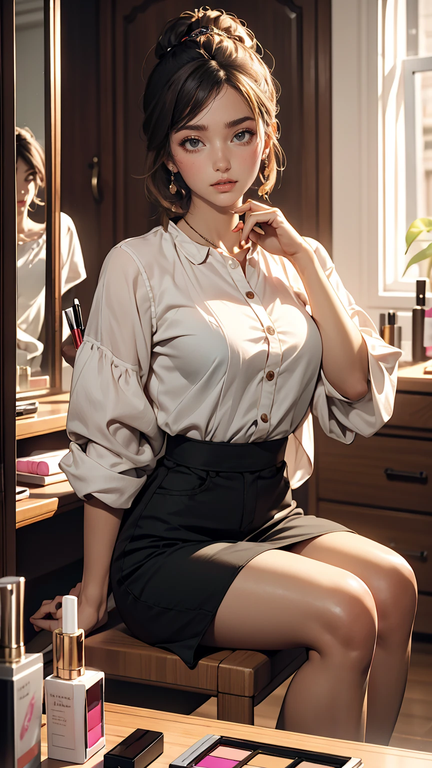 Sitting in front of the dressing table and putting on makeup、Mature Caucasian Woman、