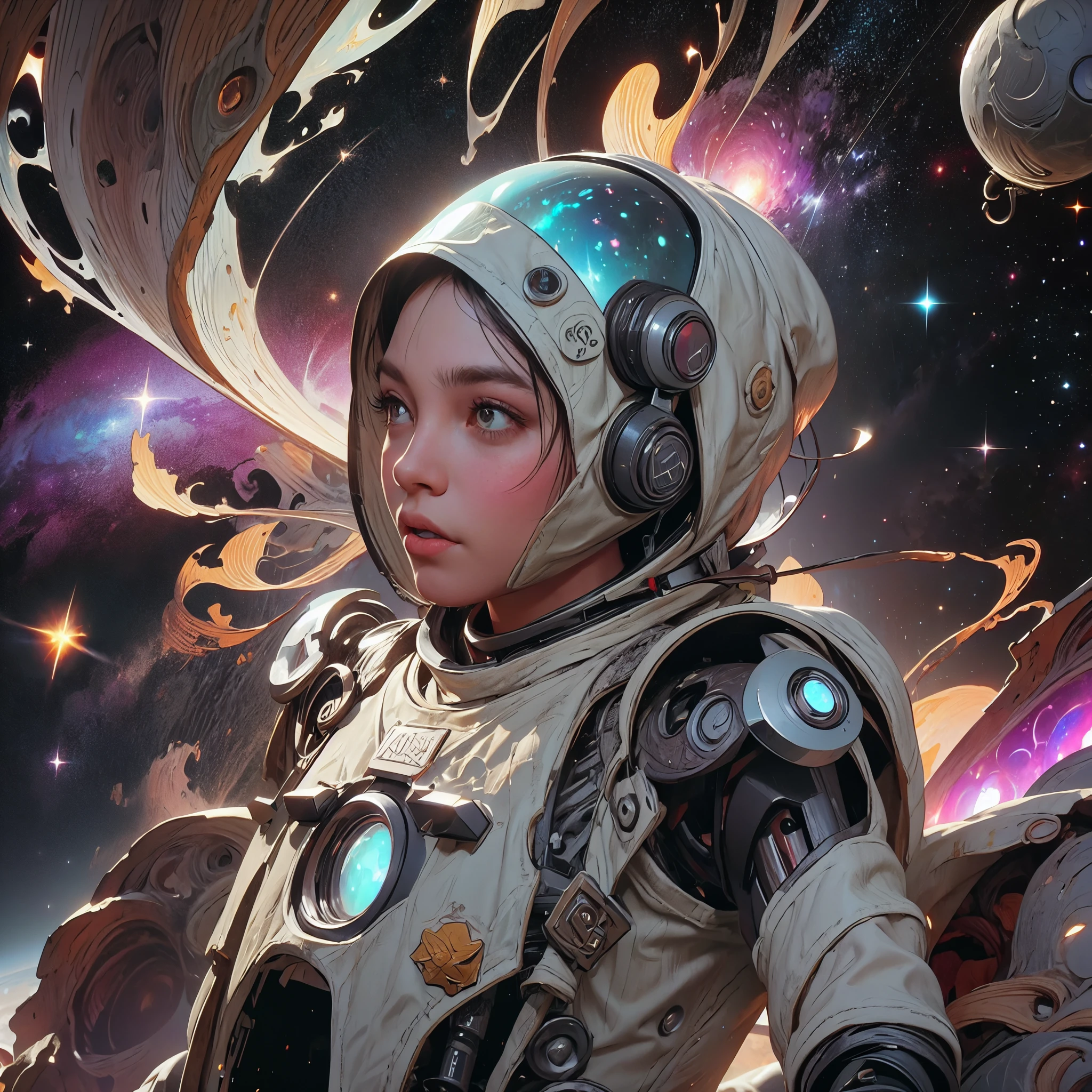 there is a screenshot of a woman in a space suit, cosmic girl, event, cosmic entity, incriminate content details, endless cosmos in the background, historical event, real event, astral background, cosmic background, cosmic goddess, cyborg goddess in cosmos, celestial cosmos, game interface, violet battlefield theme, cosmic style, hyperdetailed content, background details