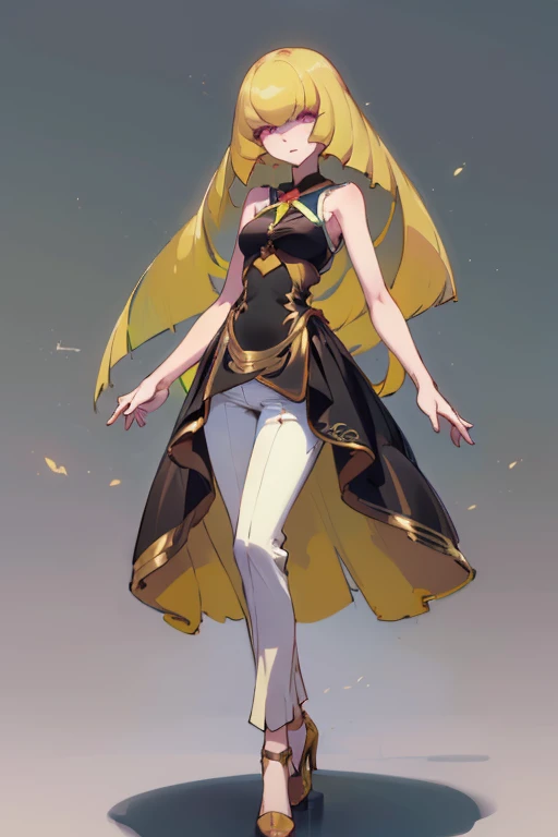 ((highest quality)), ((masterpiece)), (Familiar), Lusamine,thin,thin,Long blonde hair,Small breasts,Erect nipples,Adult female,Green Eyes,Slanted Eyes,Sleeveless dress,Black Dress,Gold embroidery,White pants style,High heels,Fascinating
