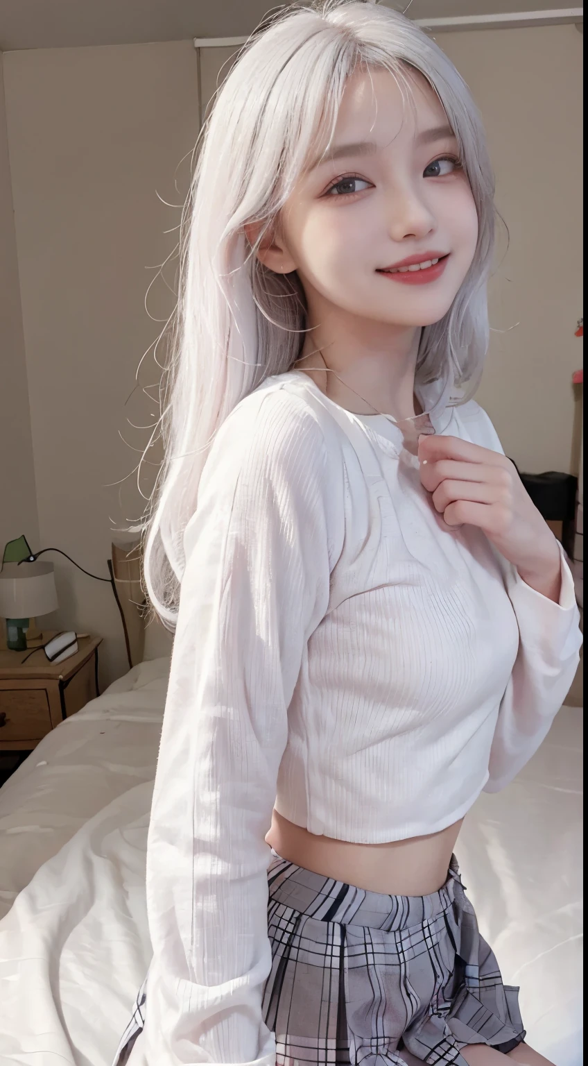 Best image quality、RAW Photos、超A high resolution、21 years old Korean、Small breasts、Dynamic Angle、Cowboy Shot、Chaos in its most beautiful form、elegant、Brutalist Design、Vibrant colors、Beautiful white hair、Short Bob、smile、fun、smile、Glowing White Skin、Beautiful eyes with random colors、Very thin lips、Beautiful eyes in every detail、length, Narrow eyes、Cheeks are pale pink、length eyelashes、Beautiful double eyelids、eye shadow、Bright white hair、Crop top、See-through outerwear、Vibrant colors、Checkered pleated skirt、Bright room、Shooting from the side、Pointing up、Hand gestures