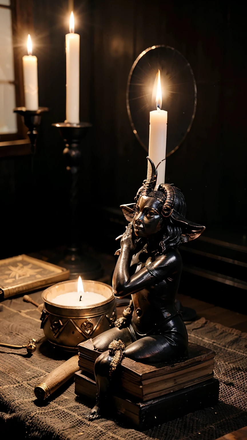 UmA FOTO AMADORA, tirada por um celular, angled view of an ultra-detailed Goetia altar. There are goblets with wine, a small pyramid with a black mirror in the middle, detailed magic symbols, large number of candles lit in candlesticks. Alguns pratos com frutas. Garrafas de bebidas. Tudo isso, is on a table with a black tablecloth. There is a small black statue of Baphomet on the table (a representation of a black goat). The environment is a room for Masonic rituals..