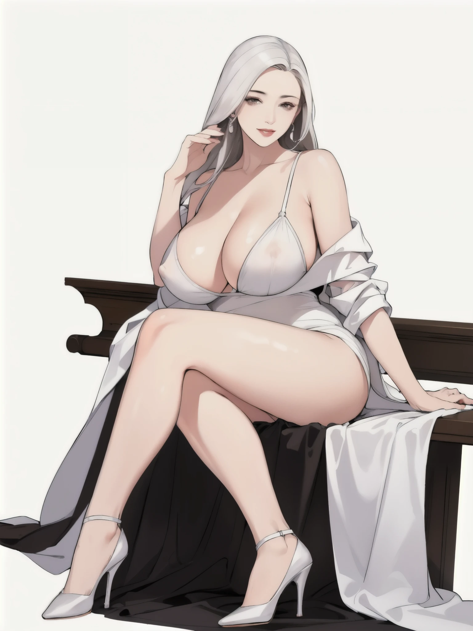 diona shin, sitting, portrait, red lips, nsfw, portrait, (masterpiece, best quality), solo, looking at viewer, fw.dona.shin, mature female, sexy, hot, white hair, diona shin, white background, white hair, very soft breast , soft breast , milf, milf face, tease, detail face , large breast, perky breasts, portrait, cowboy shot, square lips, long hair, very long hair, white hair, earrings , smirk, chubby , milf, milf face, fantasy cloth, sexy, mini skirt, heels, sitting, full body