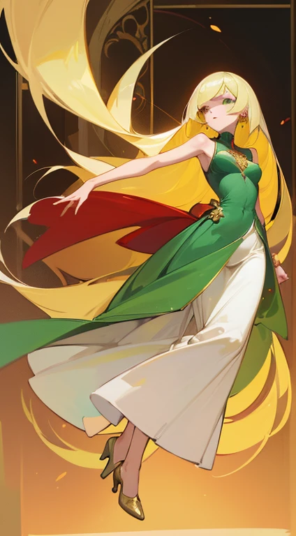 ((highest quality)), ((masterpiece)), (Familiar), Lusamine,thin,thin,Long blonde hair,Small breasts,Small breasts,Erect nipples,Adult female,Green Eyes,Slanted Eyes,Sleeveless dress,Red dress,Gold embroidery,High heels,Fascinating,Long skirt,White shawl,Green Earrings