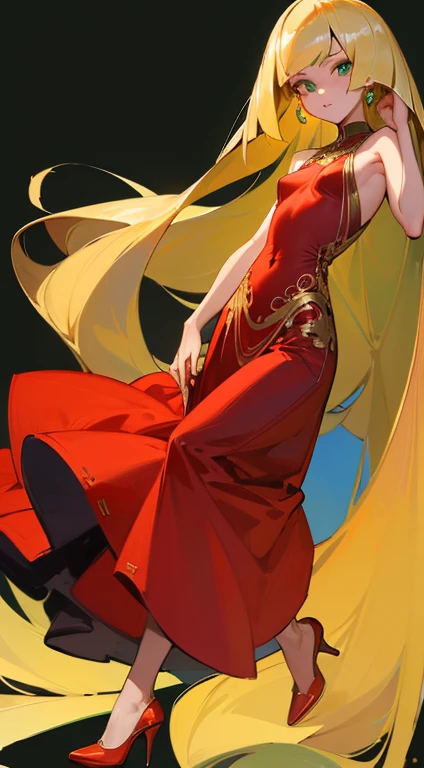 ((highest quality)), ((masterpiece)), (Familiar), Lusamine,thin,thin,Long blonde hair,Small breasts,Small breasts,Erect nipples,Adult female,Green Eyes,Slanted Eyes,Sleeveless dress,Red dress,Gold embroidery,High heels,Fascinating,Long skirt,White shawl,Green Earrings
