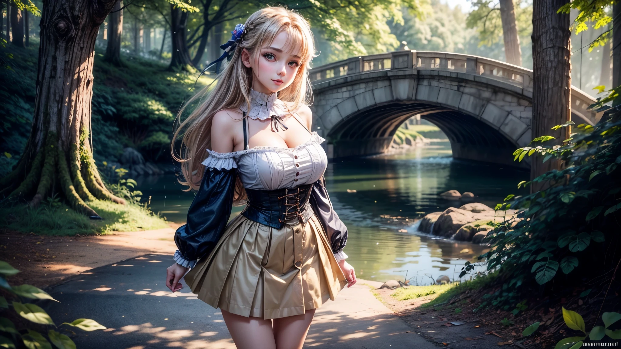 Beautiful woman, 8k, standing, lolita, big brests, Joyful colors of clothes, in nature, looks at you, smiles mysteriously, her eyes look straight at you, (neckline:1.3), skirt above the knees, slender healthy legs, light airy skirt with lace, very young, deep neckline, looking straight at you, (Very young face), 17 years old