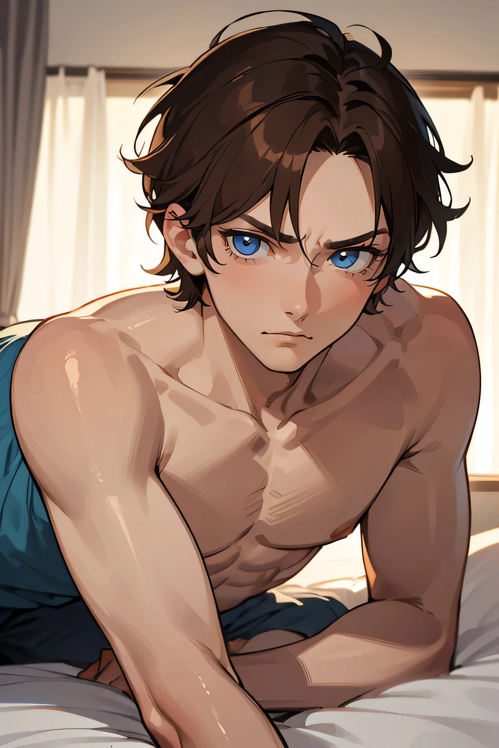 30 year old man. with a little wrinkles on the face. short and somewhat unkempt hair. brown hair and blue eyes. serious expression. ((detailed face.)) ((detailed and bright eyes)). naked torso ((lying on the bed)). Full torso. With underwear